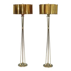 Vintage 1950
s French Solid Brass with Perforated Lamps Shades Tripod Floor Lamps