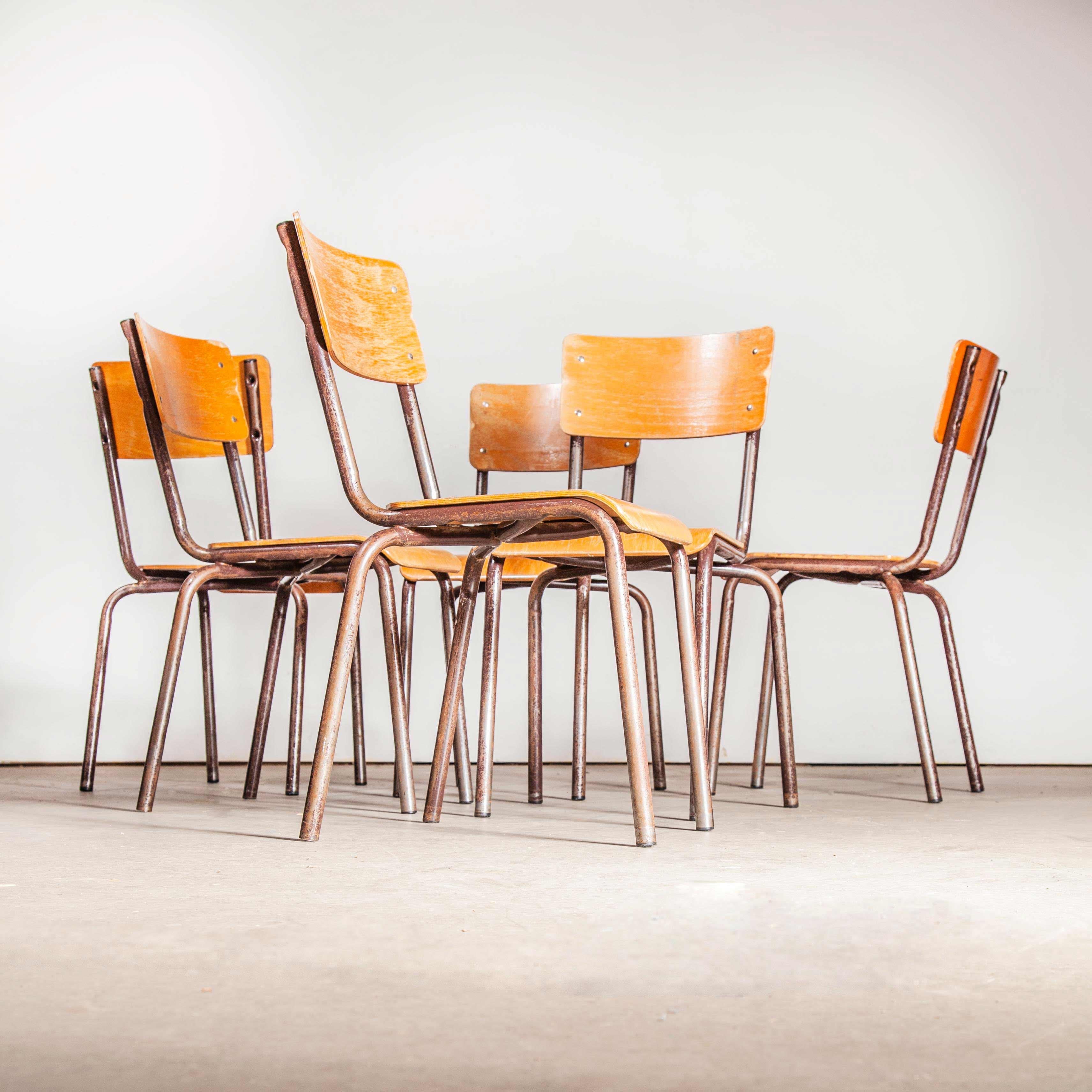 1950s French stacking metal frame school dining chairs, set of six
1950s French stacking metal frame school chairs, set of six. We have a huge batch of these brilliant practical stacking chairs. They have a strong metal frame with shaped beech