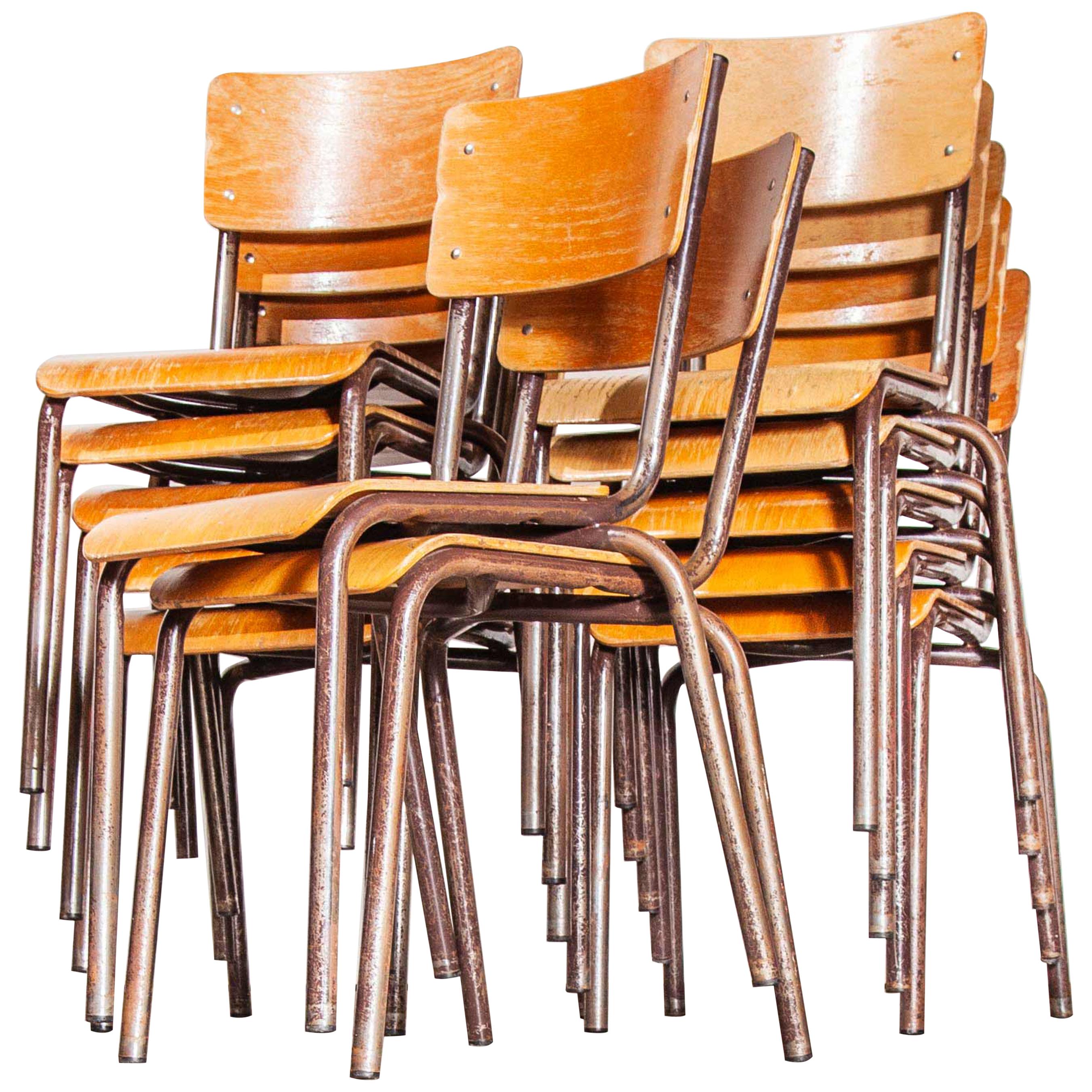 1950s French Stacking Metal Frame School Dining Chairs, Set of Twelve