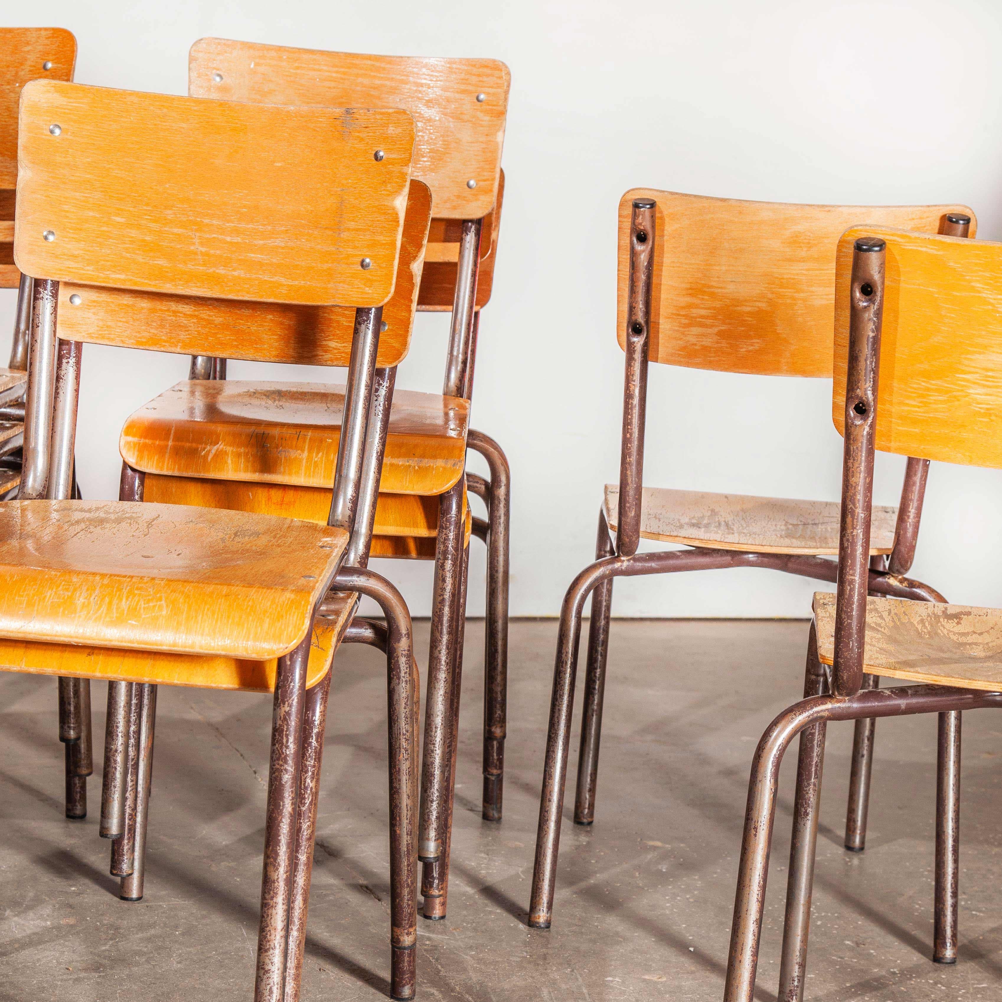 1950s French stacking metal frame school chairs, various quantities available
1950s French stacking metal frame school chairs. We have a huge batch of these brilliant practical stacking chairs. They have a strong metal frame with shaped beech