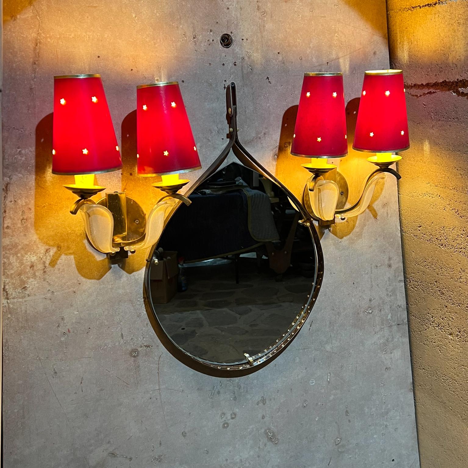 1950s French Red Star Floral Sconces Brass and Art Glass  For Sale 8