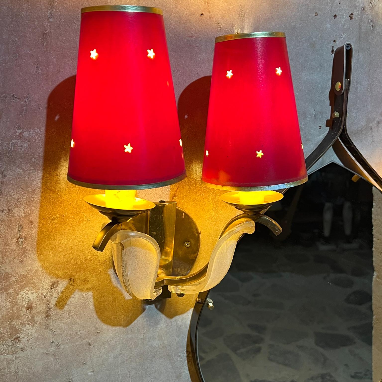 1950s French Red Star Floral Sconces Brass and Art Glass  For Sale 9
