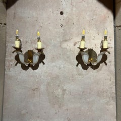 1950s French Red Star Floral Sconces Brass and Art Glass