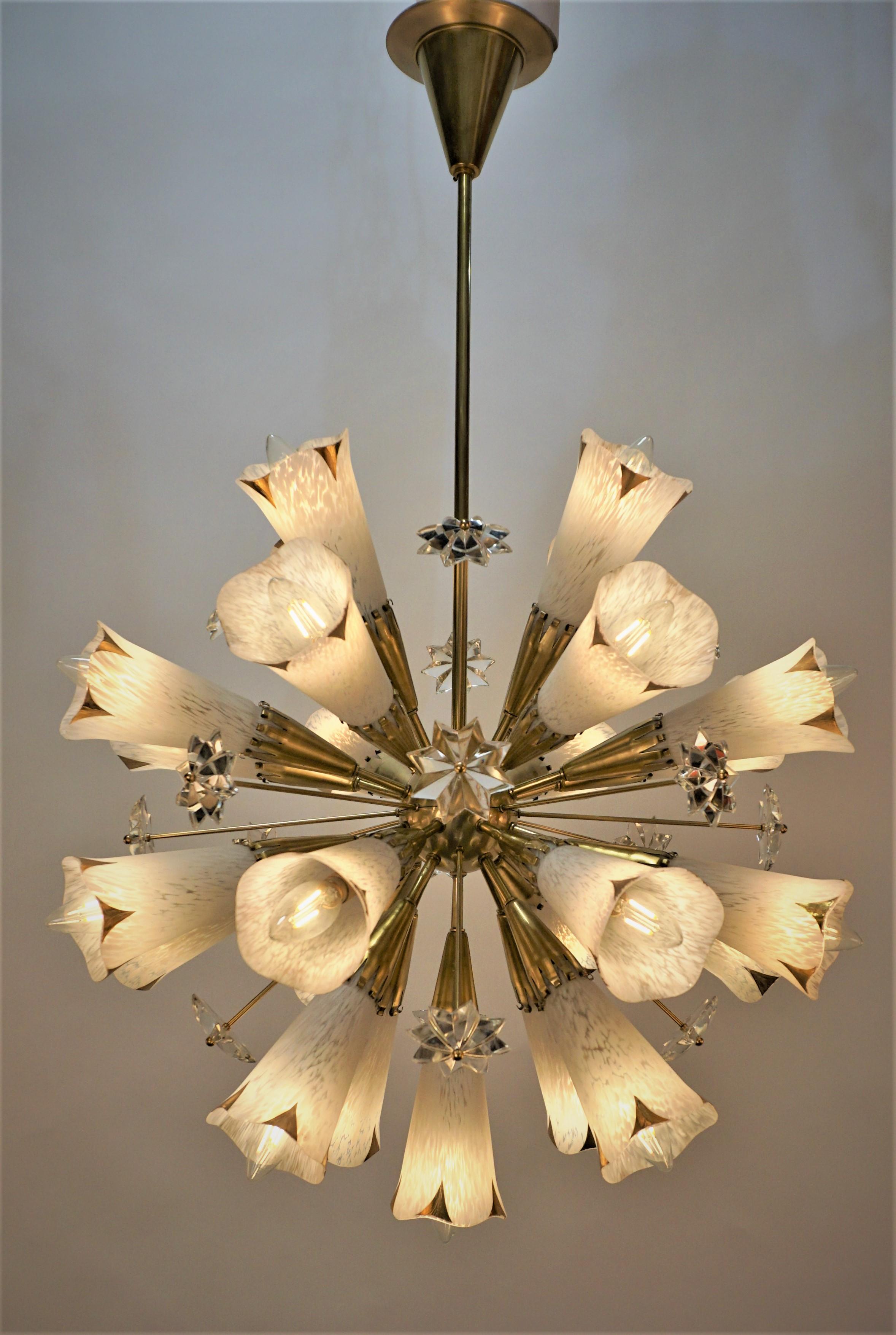 1050's bronze and glass 23 lights starburst chandelier.
