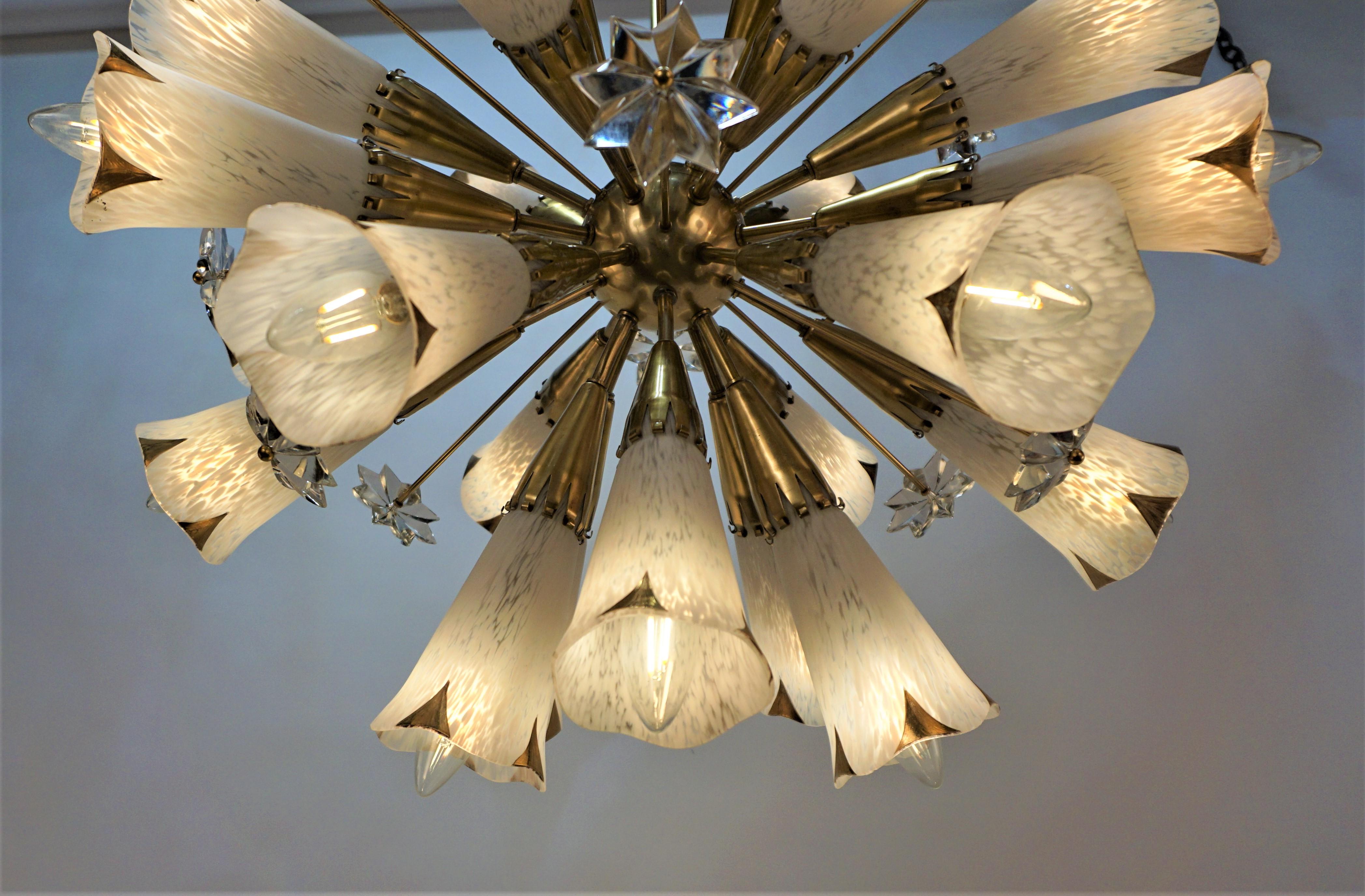 1950s French Starburst Genet et Michon Chandelier with Sevres Glass Shades 1