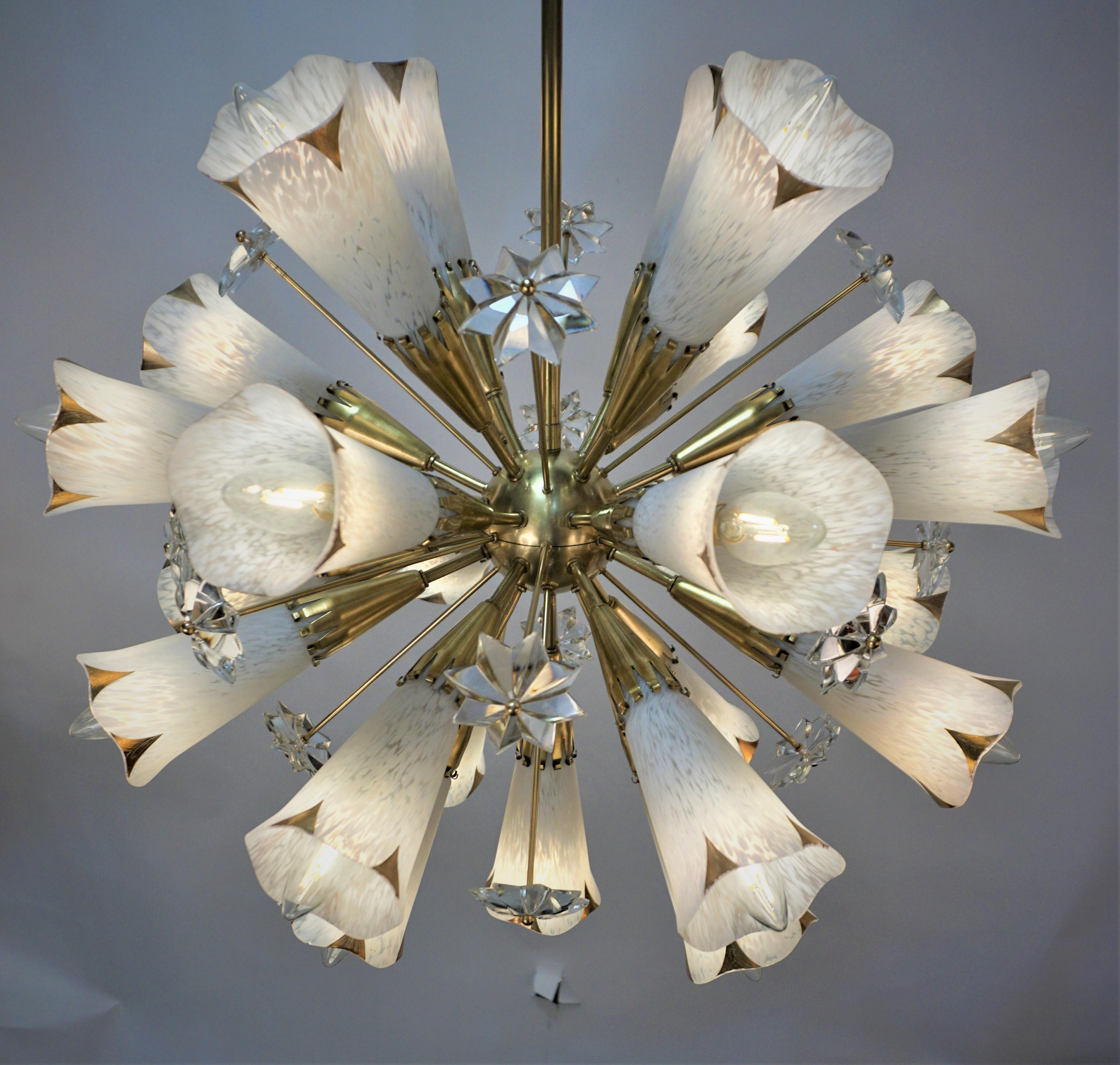 1950s French Starburst Genet et Michon Chandelier with Sevres Glass Shades 2