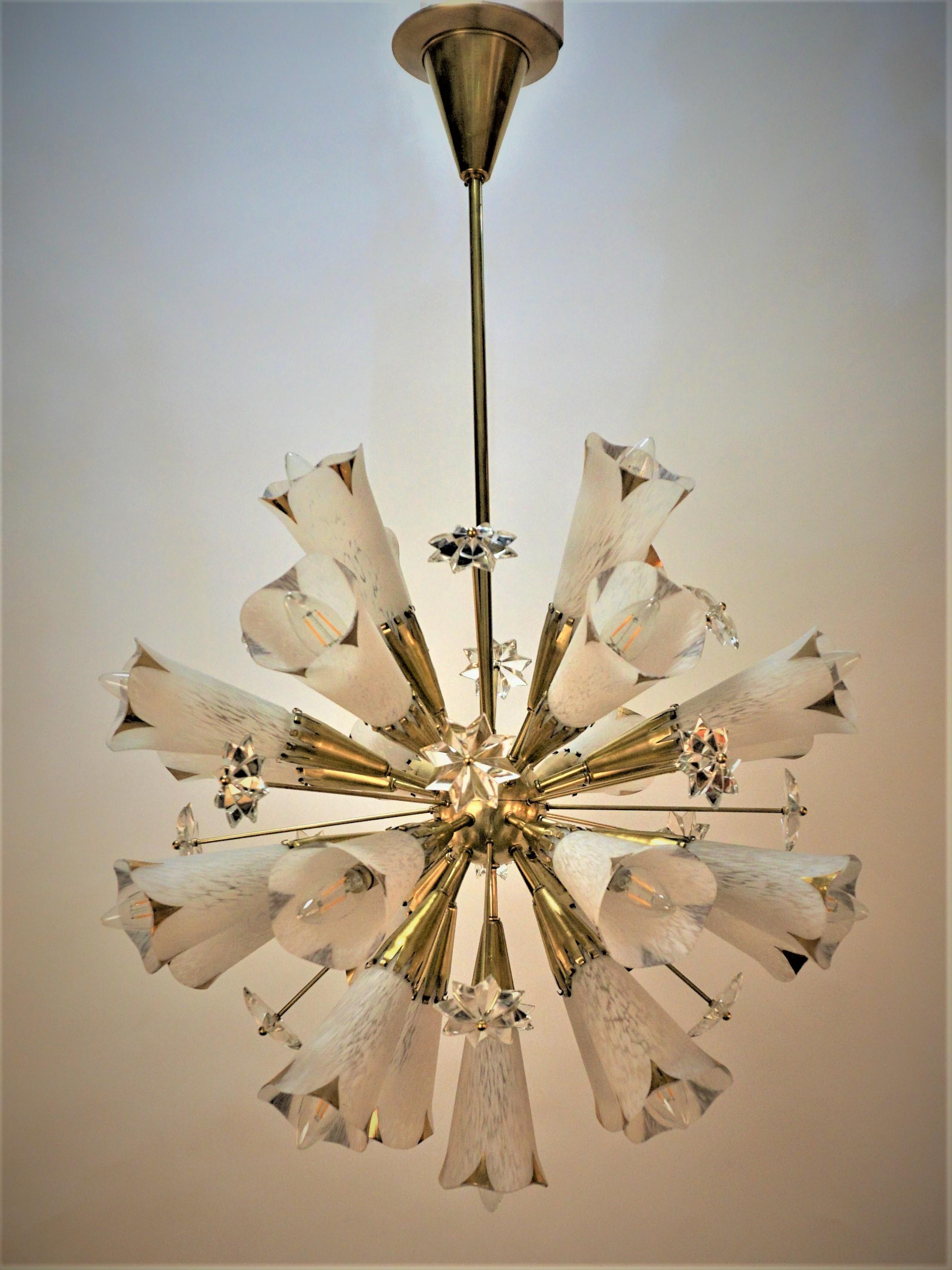 1950s French Starburst Genet et Michon Chandelier with Sevres Glass Shades 3