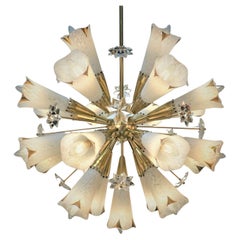1950s French Starburst Genet et Michon Chandelier with Sevres Glass Shades