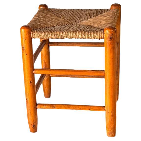 1950s French Stool in the Style of Charlotte Perriand Wood & Woven Straw