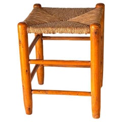 1950s French Stool in the Style of Charlotte Perriand Wood 
Woven Straw