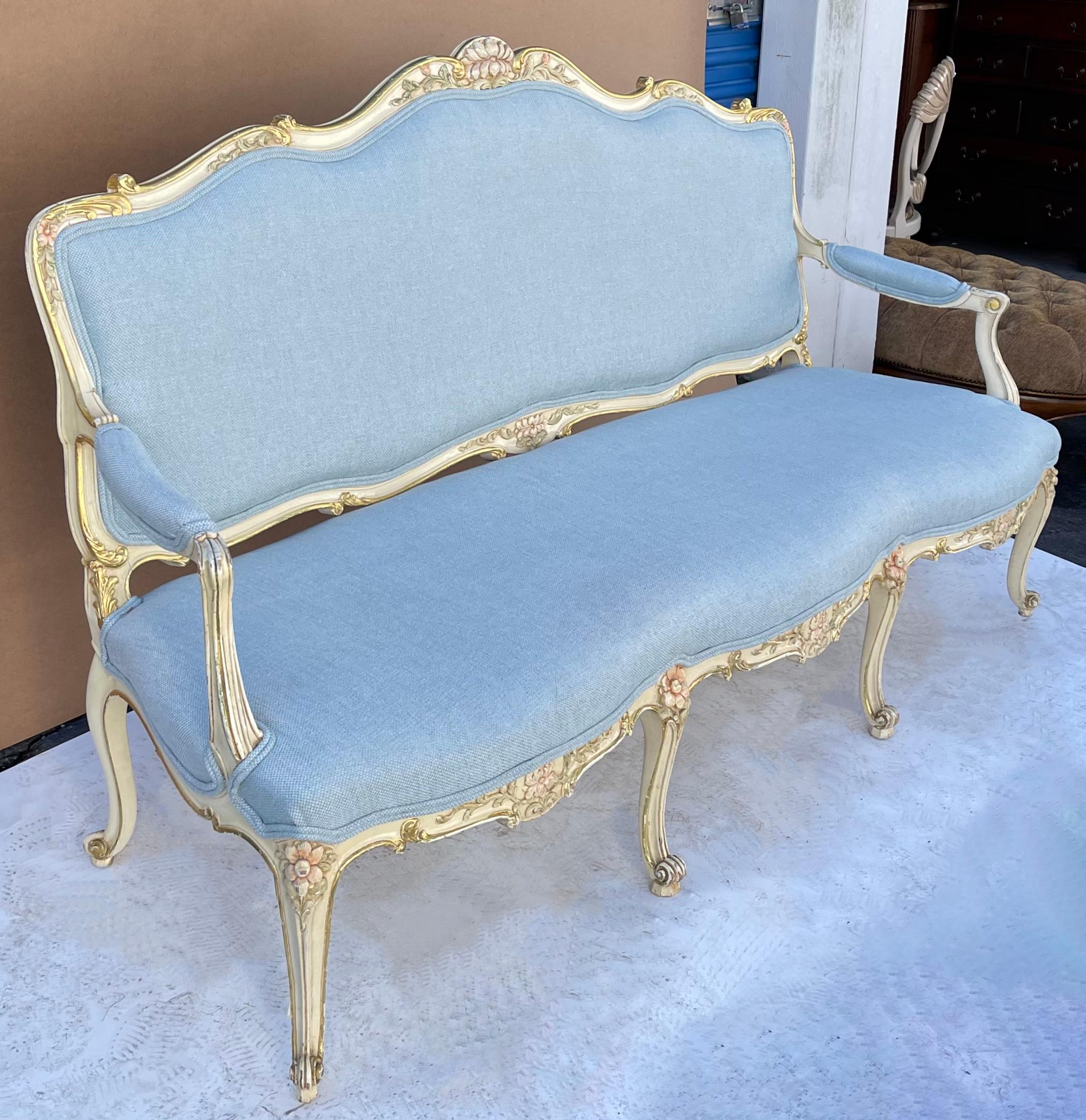 French Provincial 1950s French Style Carved and Painted Settee or Sofa in Blue Linen For Sale