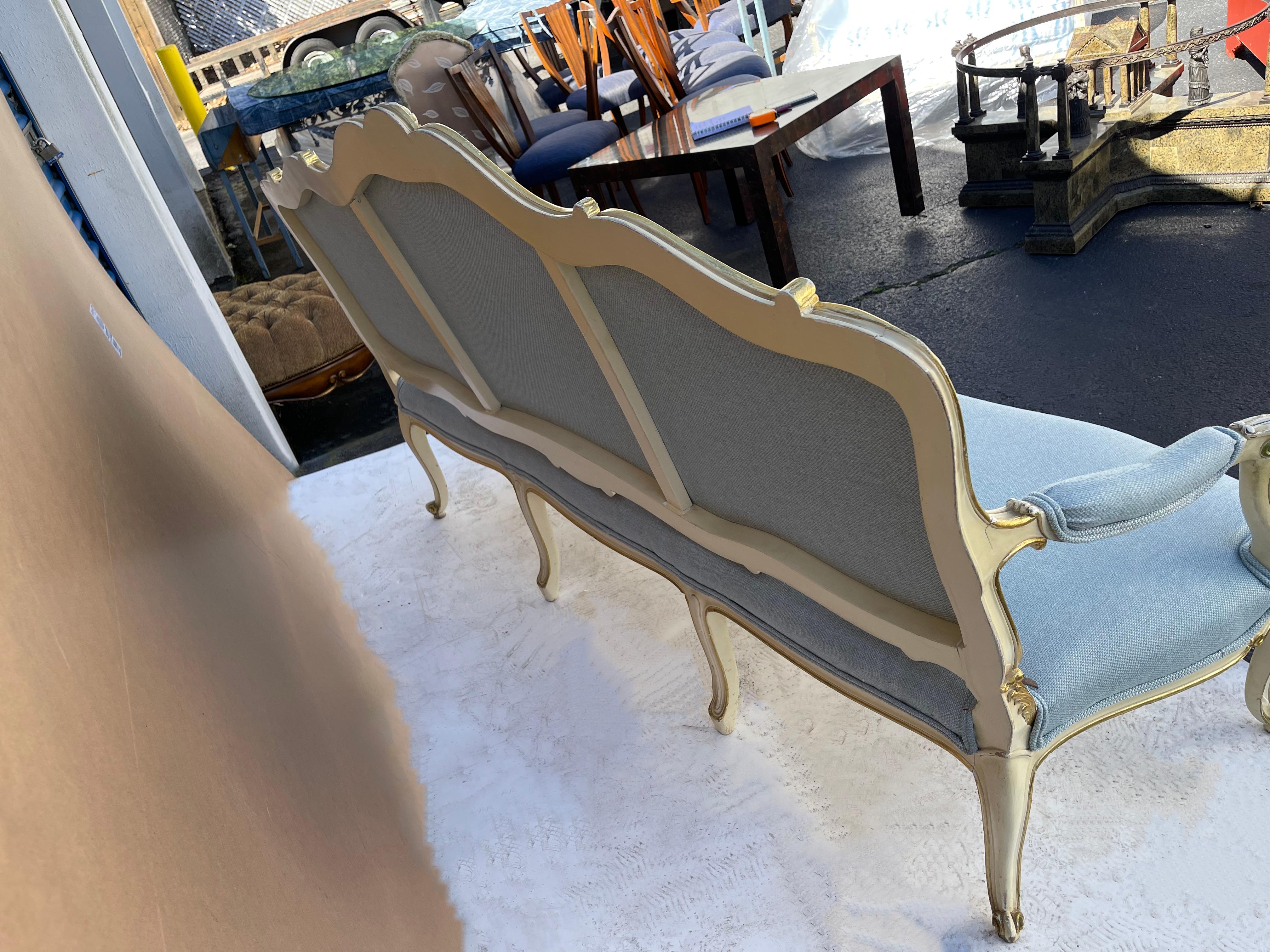 American 1950s French Style Carved and Painted Settee or Sofa in Blue Linen For Sale