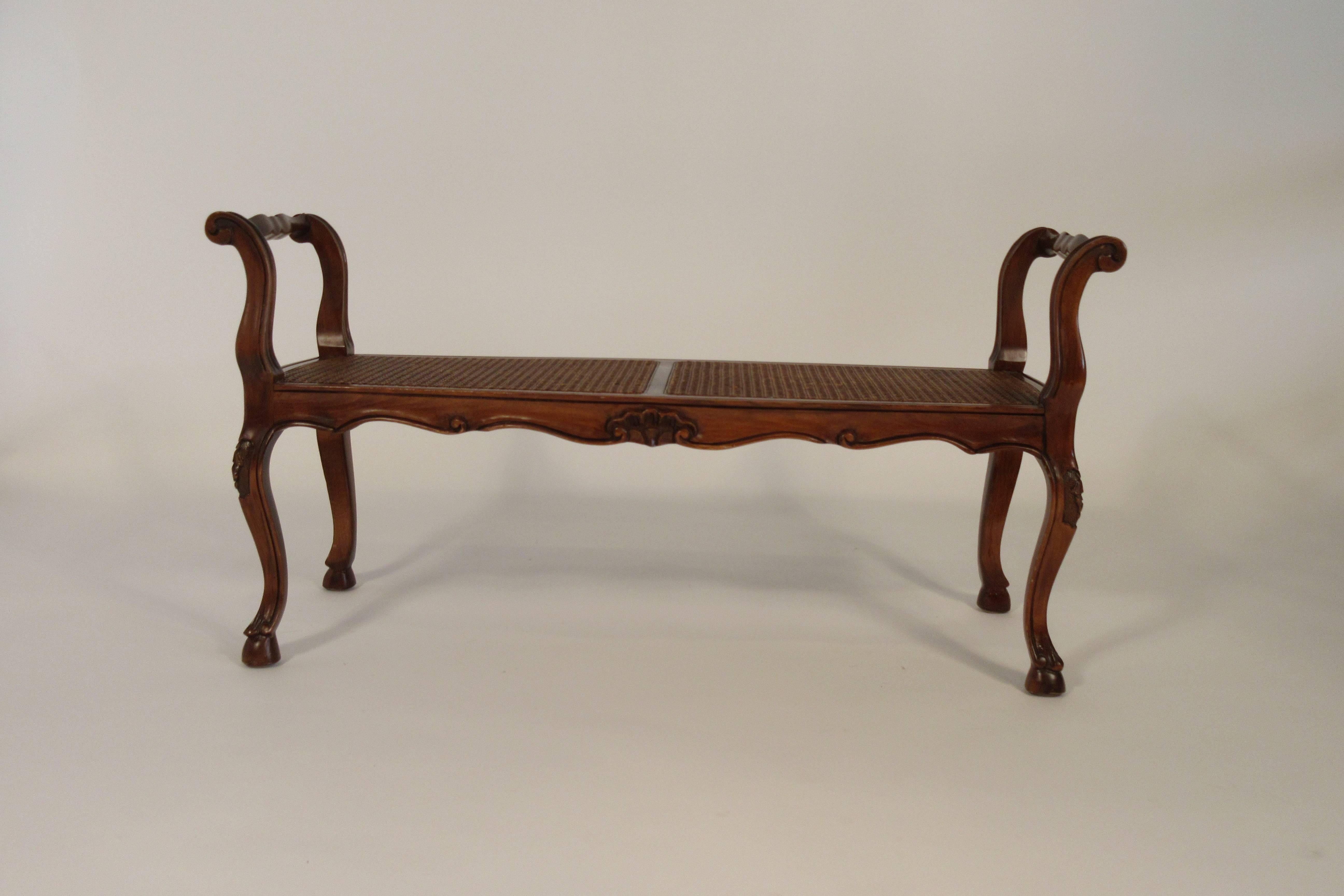 1950s French style carved wooden caned bench.