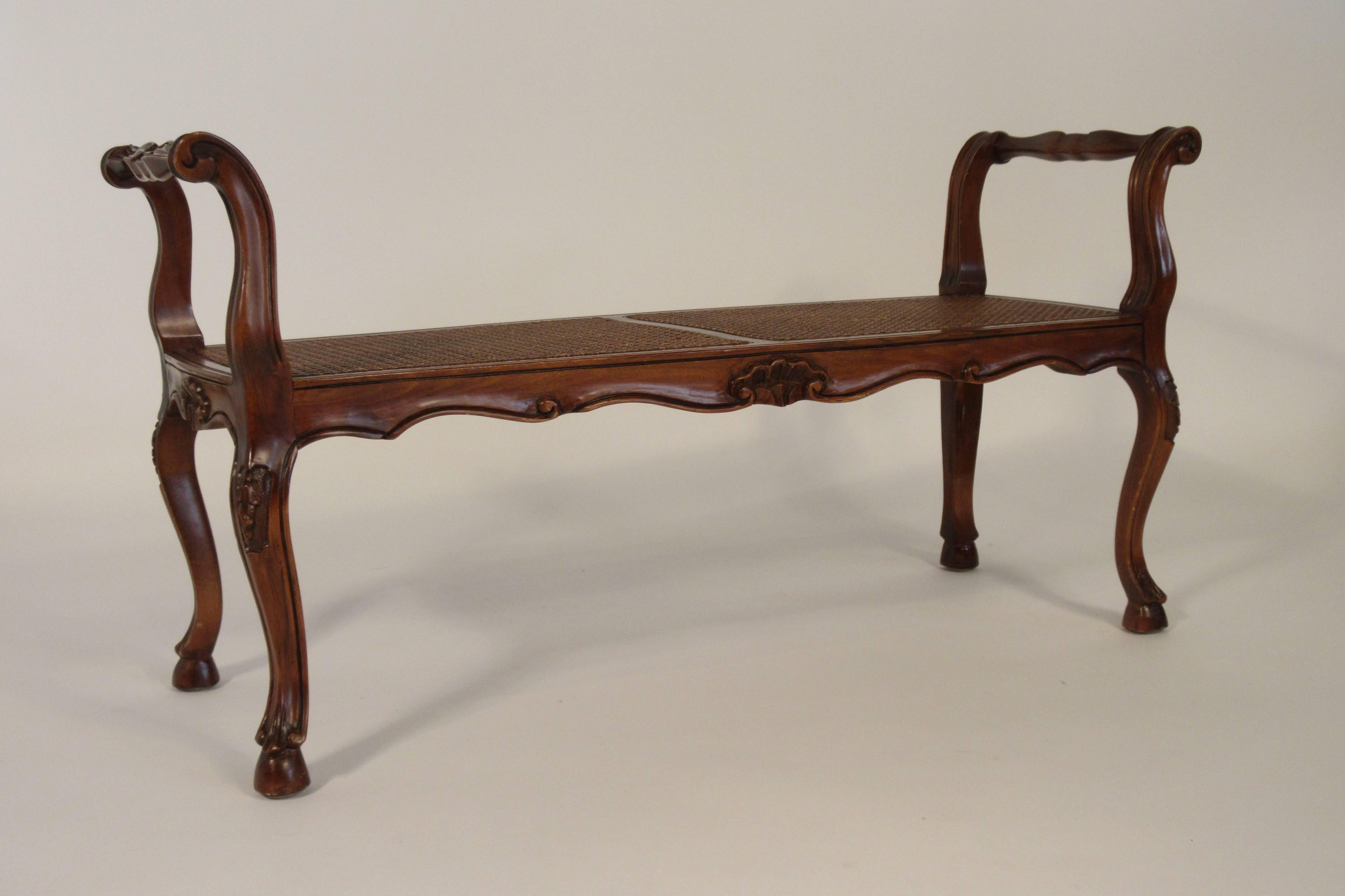 1950s French Style Carved Wooden Caned Bench In Good Condition In Tarrytown, NY