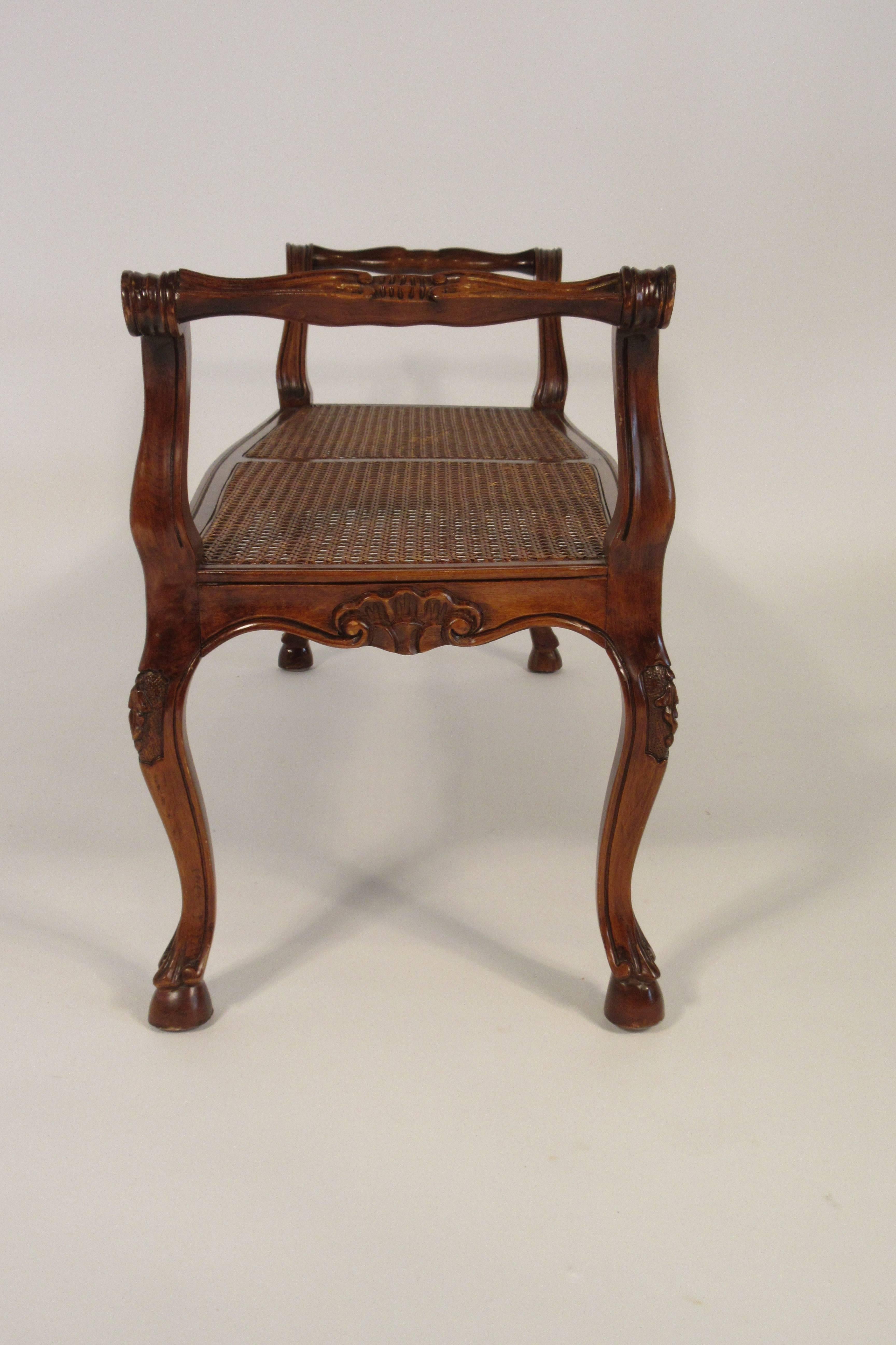 Mid-20th Century 1950s French Style Carved Wooden Caned Bench