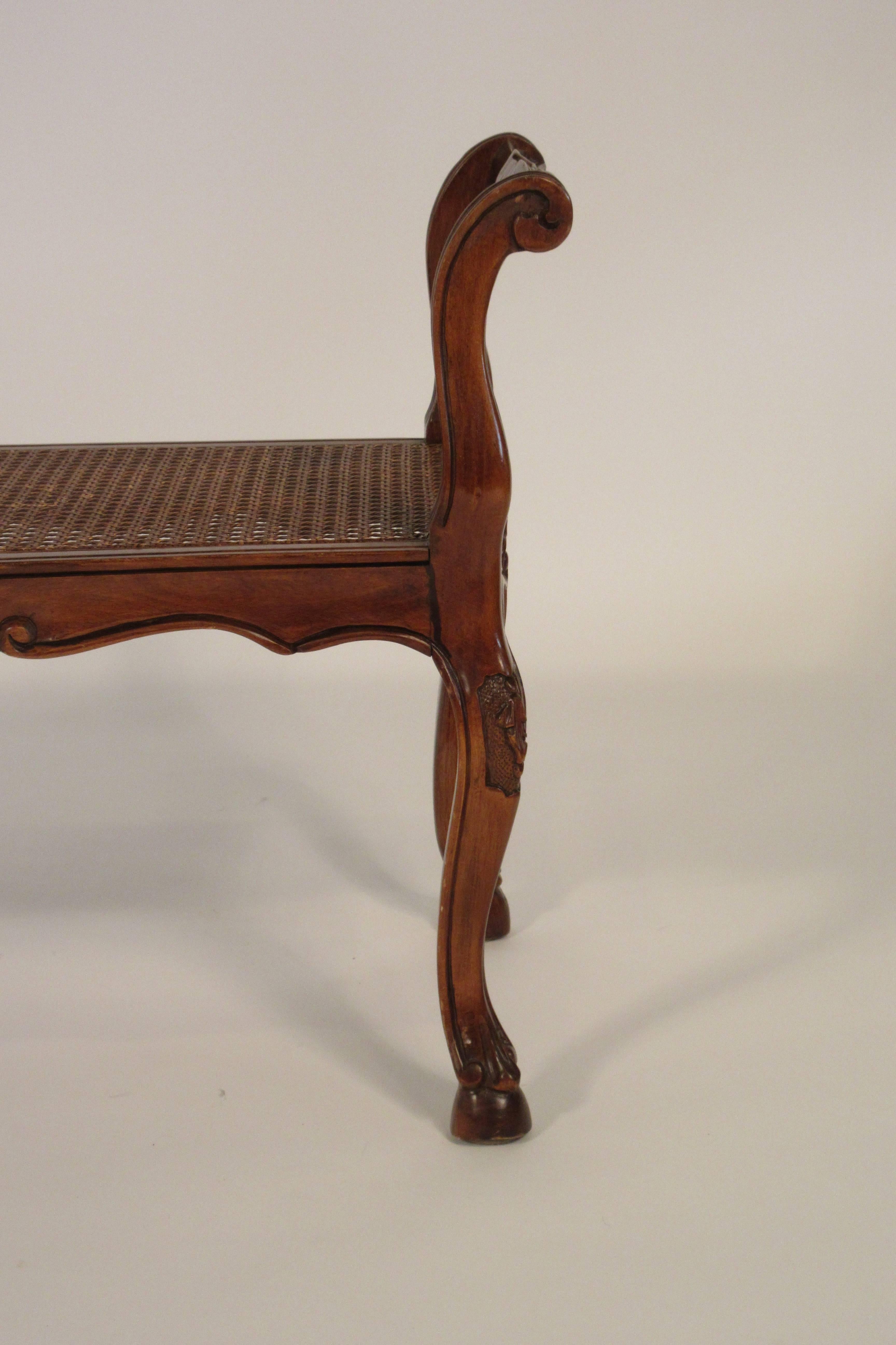 1950s French Style Carved Wooden Caned Bench 1