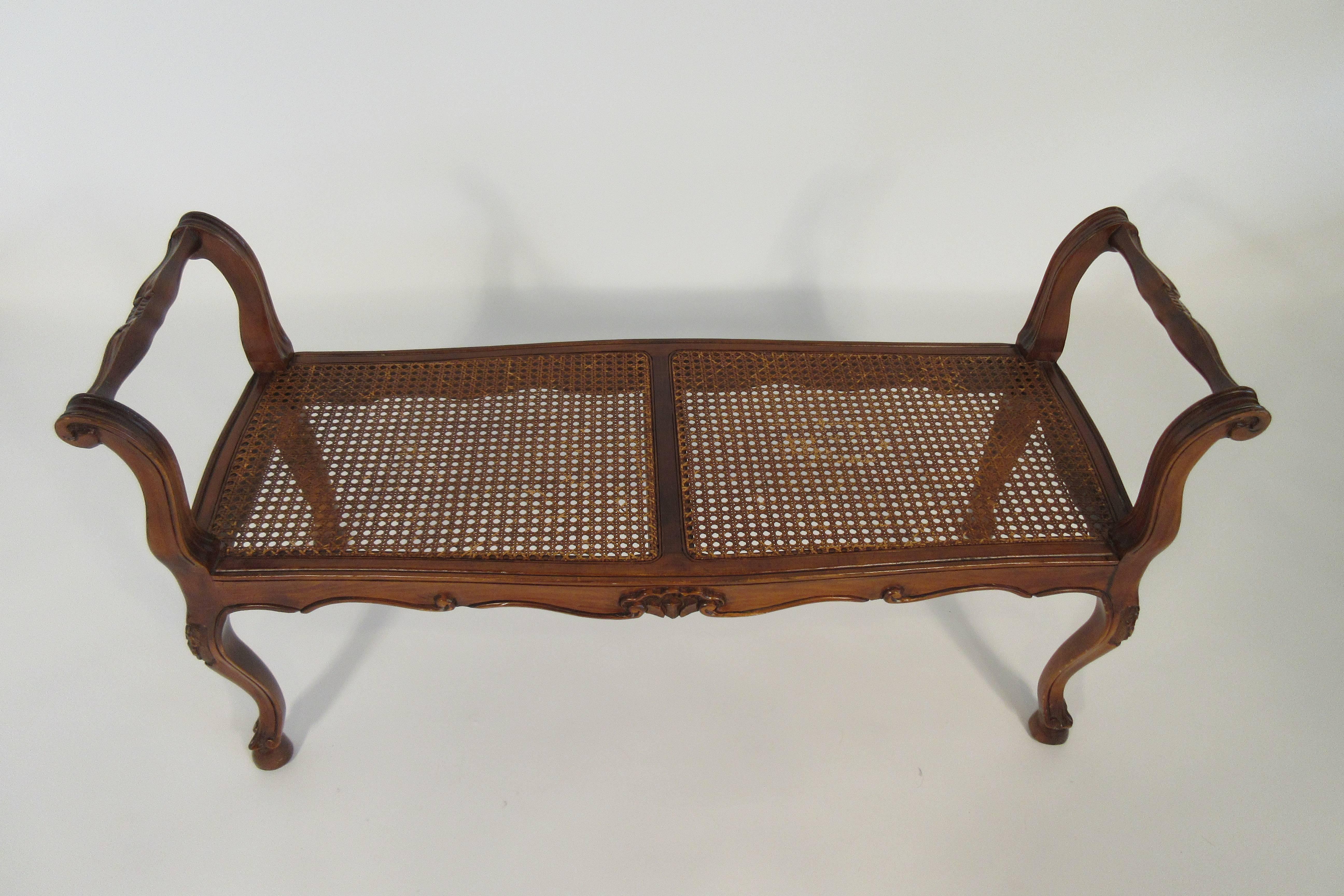 1950s French Style Carved Wooden Caned Bench 3