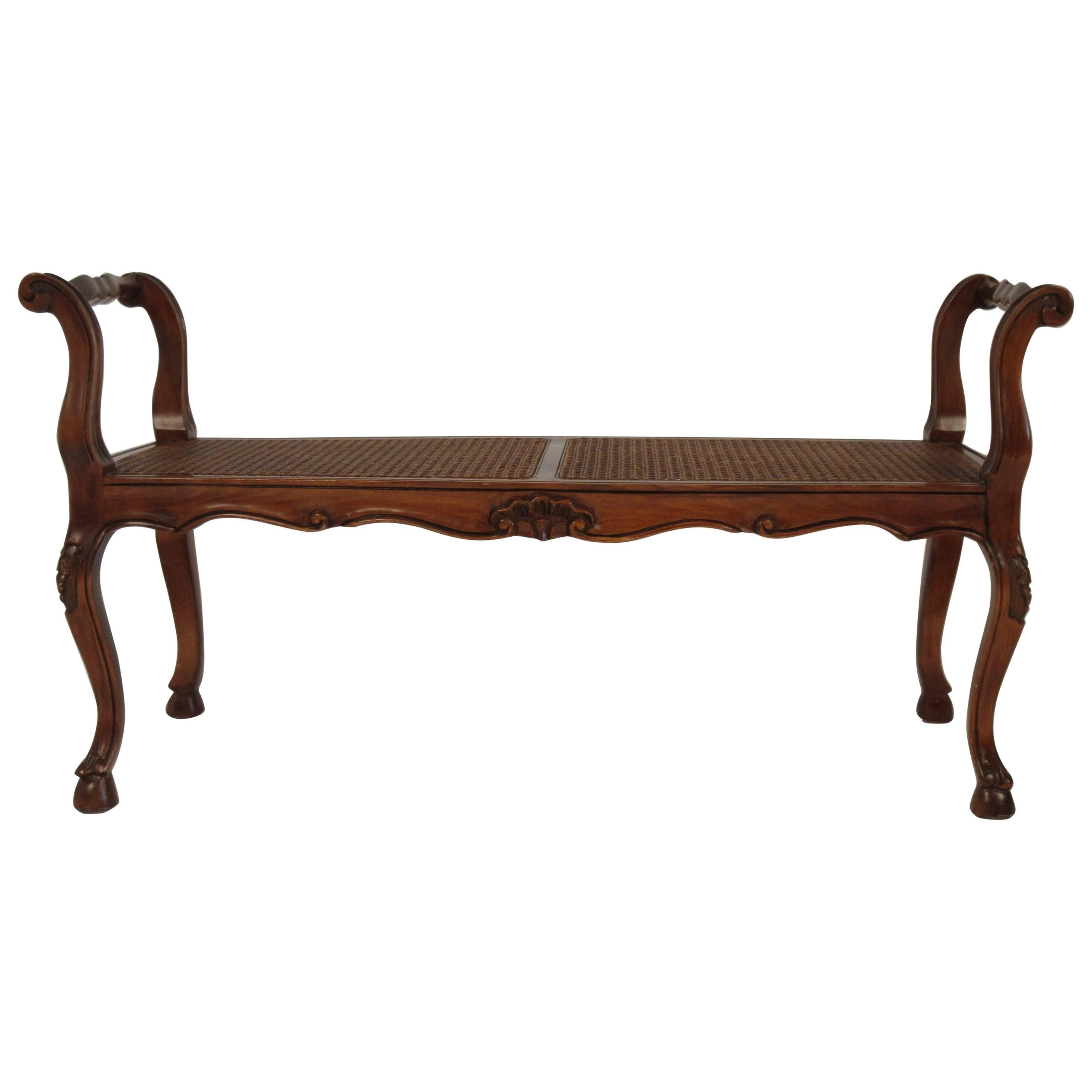 1950s French Style Carved Wooden Caned Bench