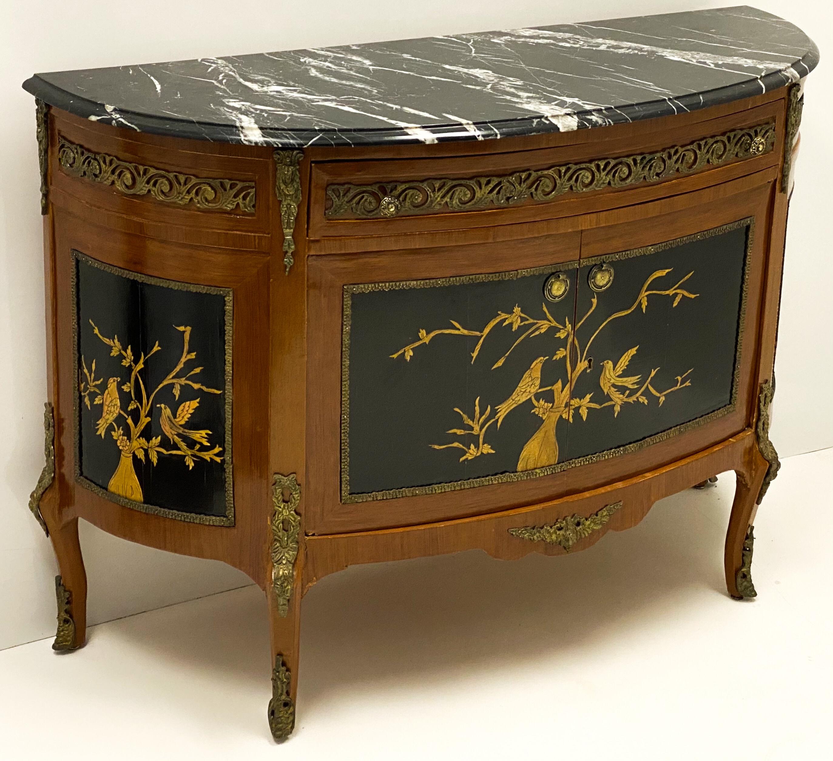 Italian 1950s French Style Chinoiserie Demilune Bronze and Marble Top Cabinet