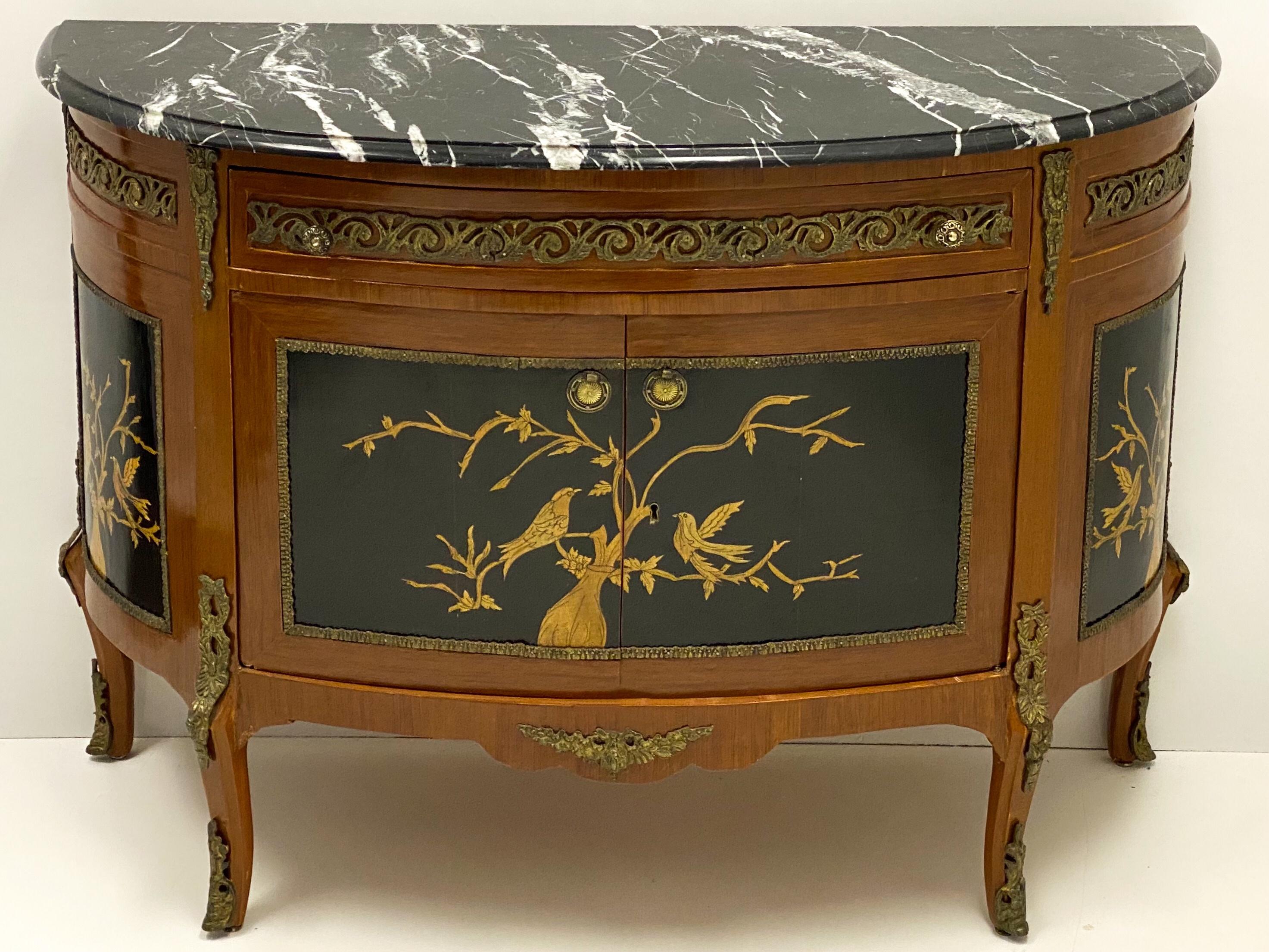 1950s French Style Chinoiserie Demilune Bronze and Marble Top Cabinet In Good Condition In Kennesaw, GA