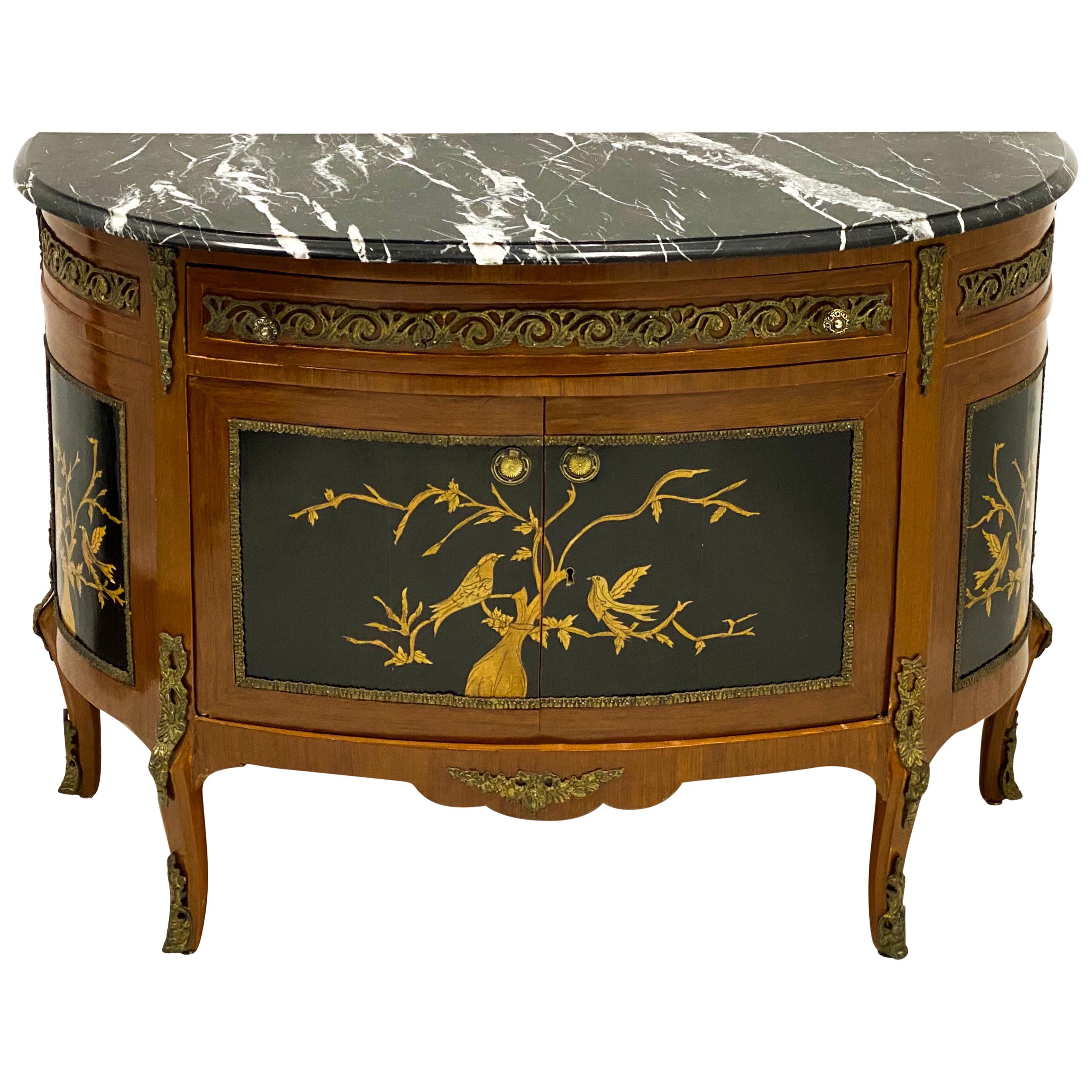 1950s French Style Chinoiserie Demilune Bronze and Marble Top Cabinet