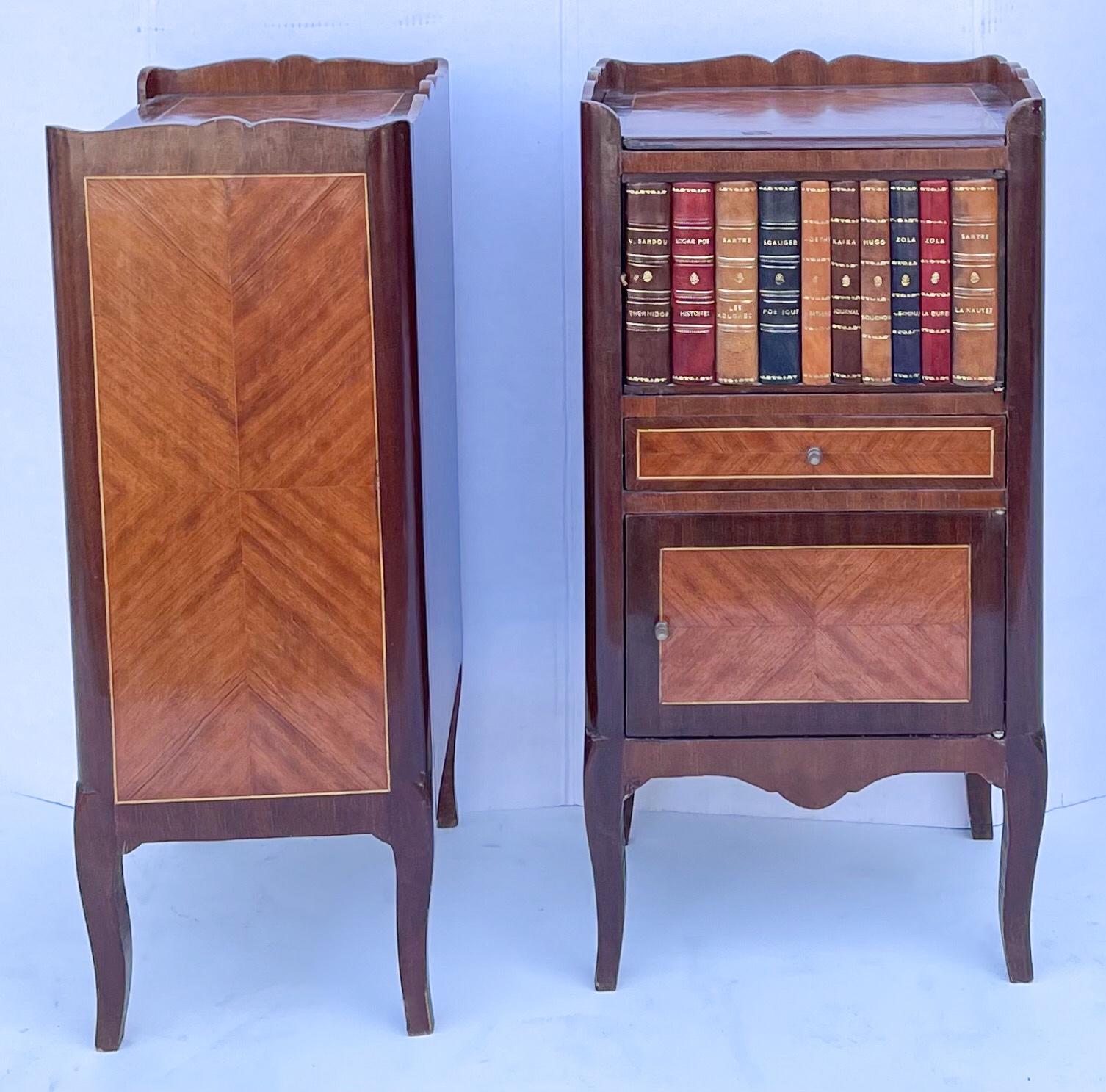 Neoclassical 1950s French Style Inlaid Mahogany and Leather Faux Book Side Tables, Pair For Sale