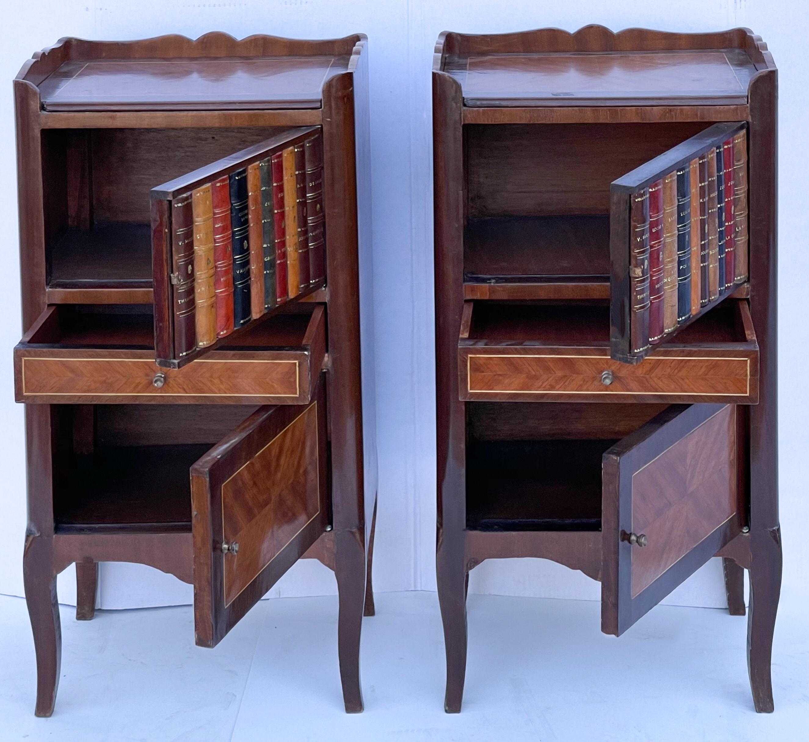 Italian 1950s French Style Inlaid Mahogany and Leather Faux Book Side Tables, Pair For Sale