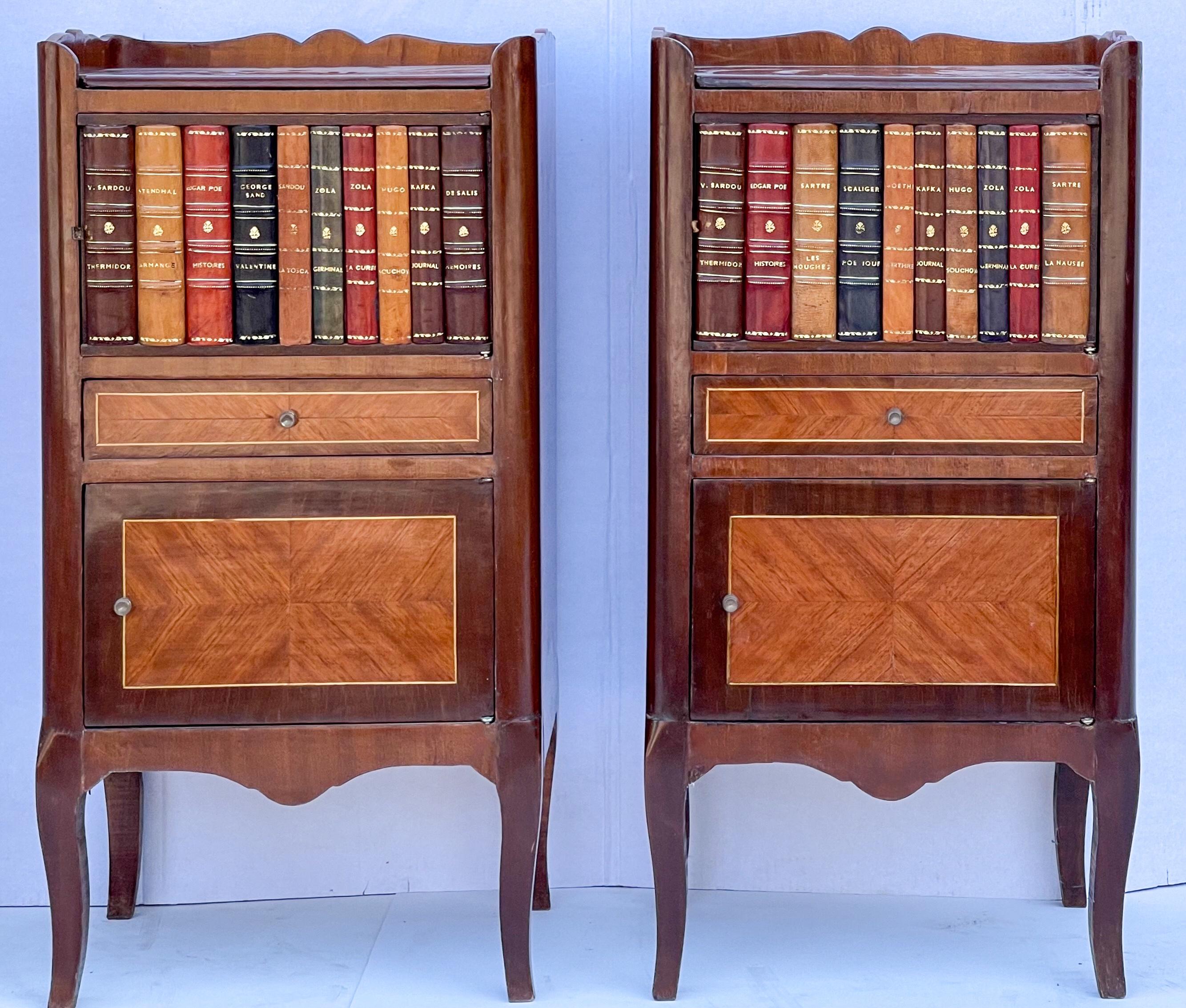 Mid-20th Century 1950s French Style Inlaid Mahogany and Leather Faux Book Side Tables, Pair For Sale