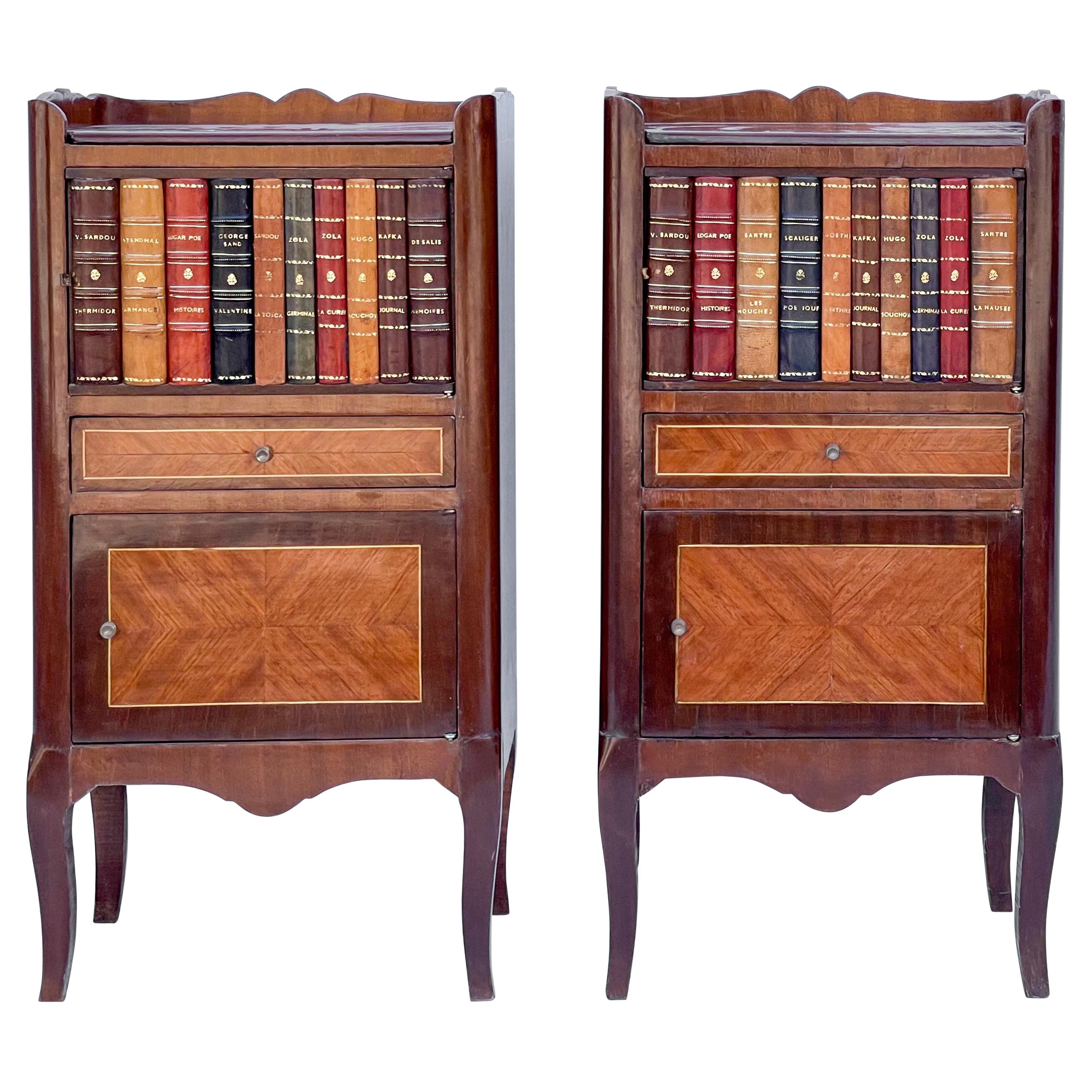 1950s French Style Inlaid Mahogany and Leather Faux Book Side Tables, Pair