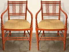 1950s French Style Orange Painted Faux Bamboo Bergere Chairs - Pair