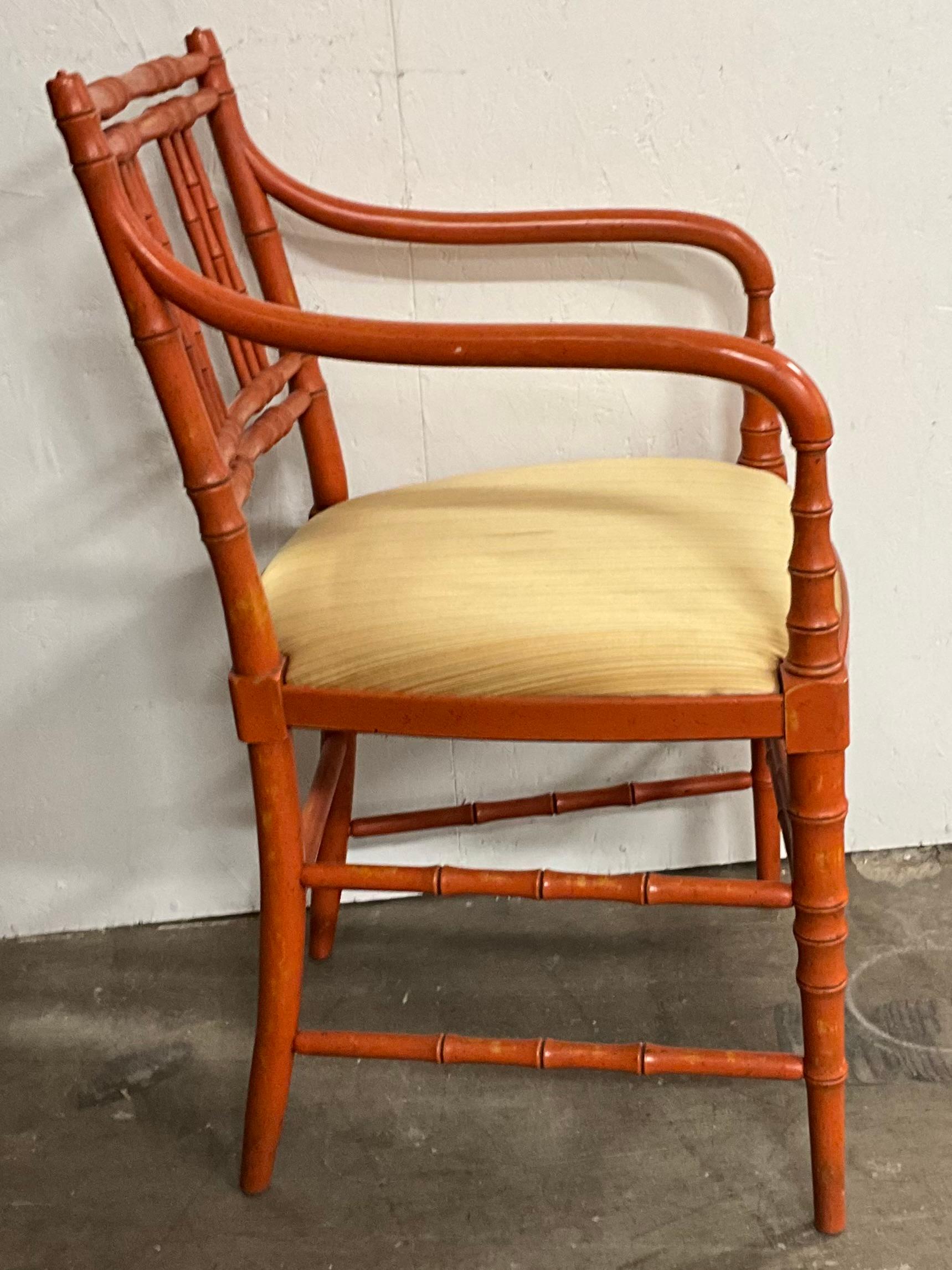 Aesthetic Movement 1950s French Style Orange Painted Faux Bamboo Bergere Chairs - Pair For Sale