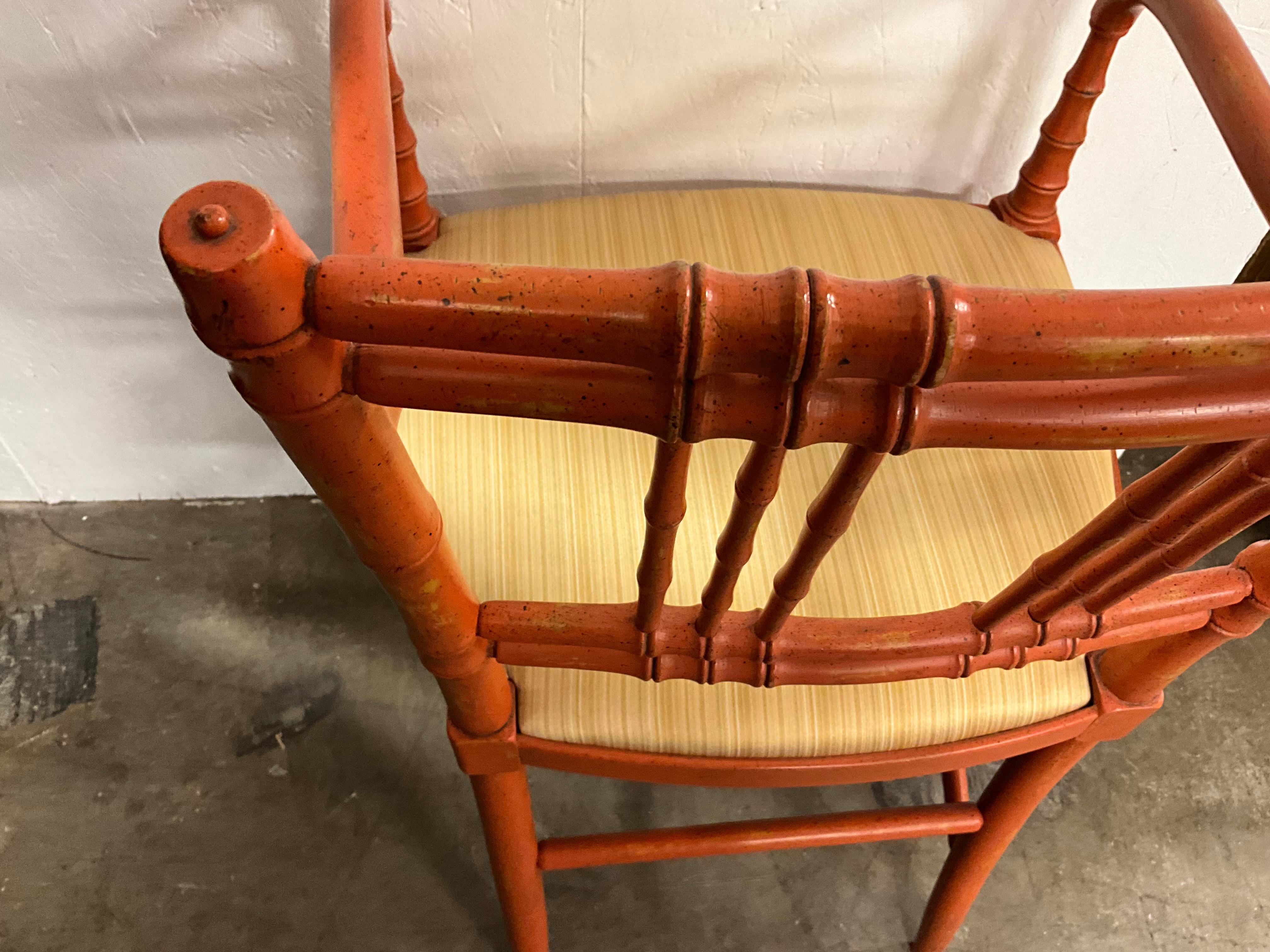 American 1950s French Style Orange Painted Faux Bamboo Bergere Chairs - Pair For Sale