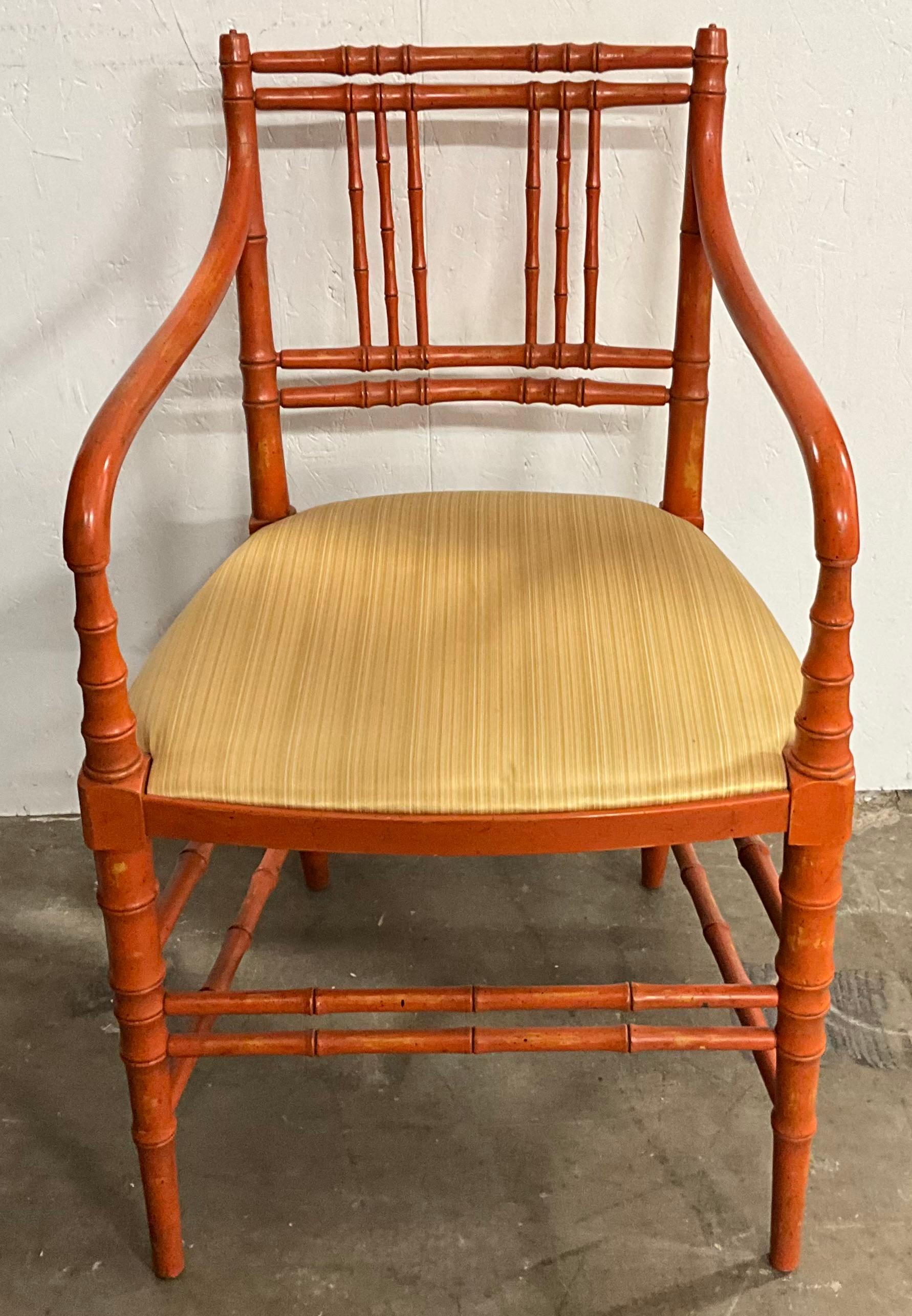 1950s French Style Orange Painted Faux Bamboo Bergere Chairs - Pair In Good Condition For Sale In Kennesaw, GA