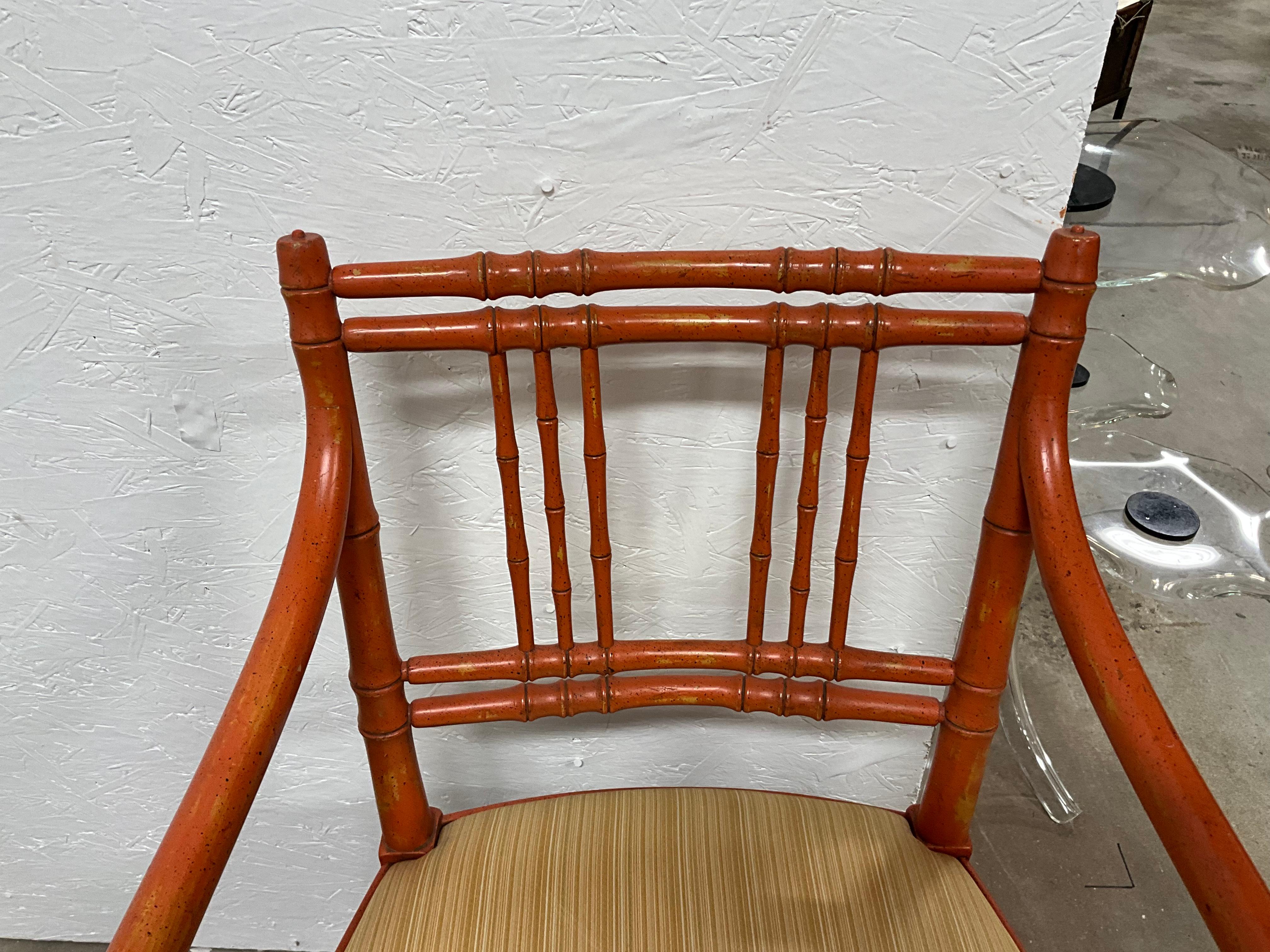 Upholstery 1950s French Style Orange Painted Faux Bamboo Bergere Chairs - Pair For Sale