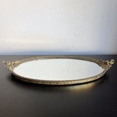 1950s French Style Vanity Tray Brass Mirror Gold Filagree