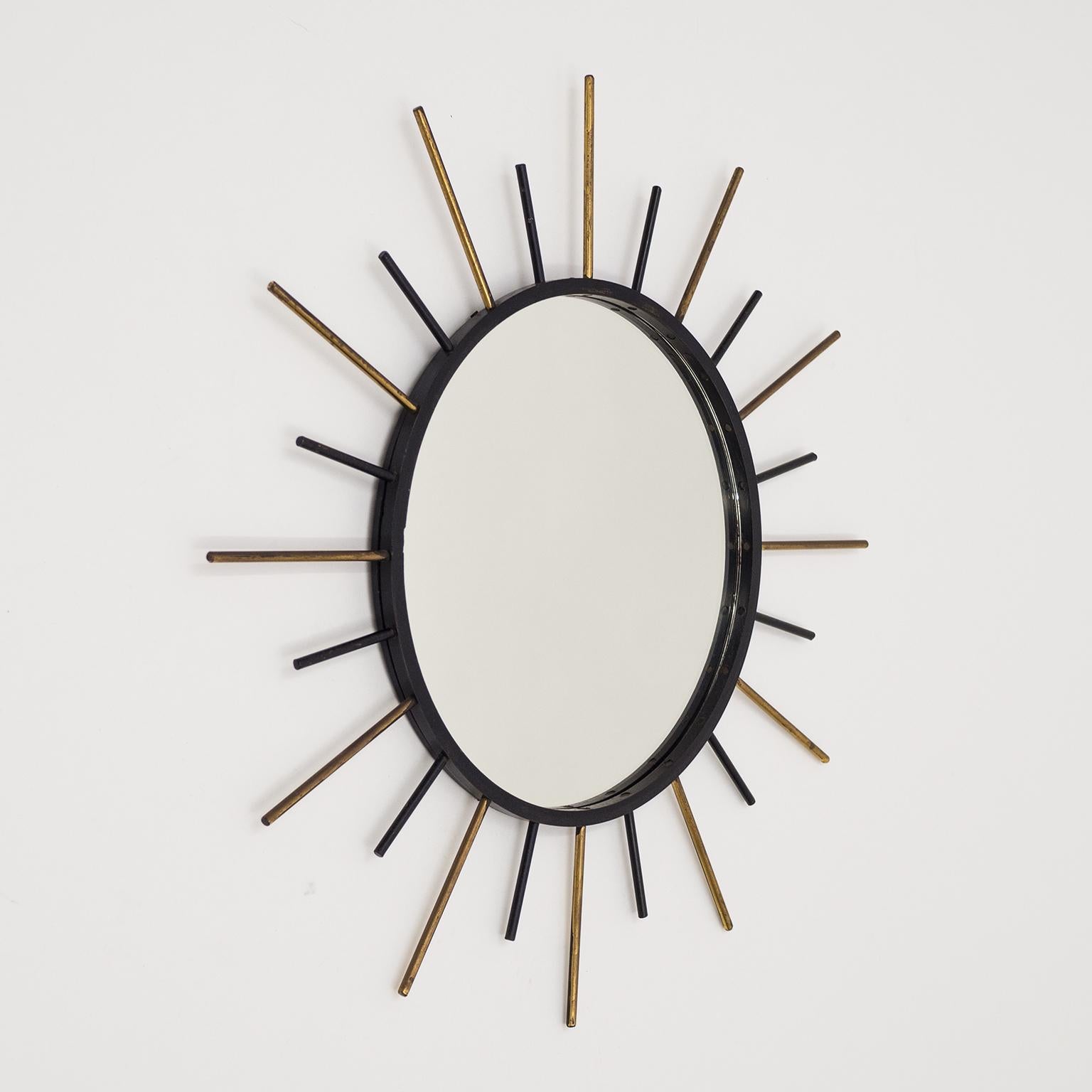 1950s French Sunburst Mirror, Brass and Blackened Steel For Sale 4