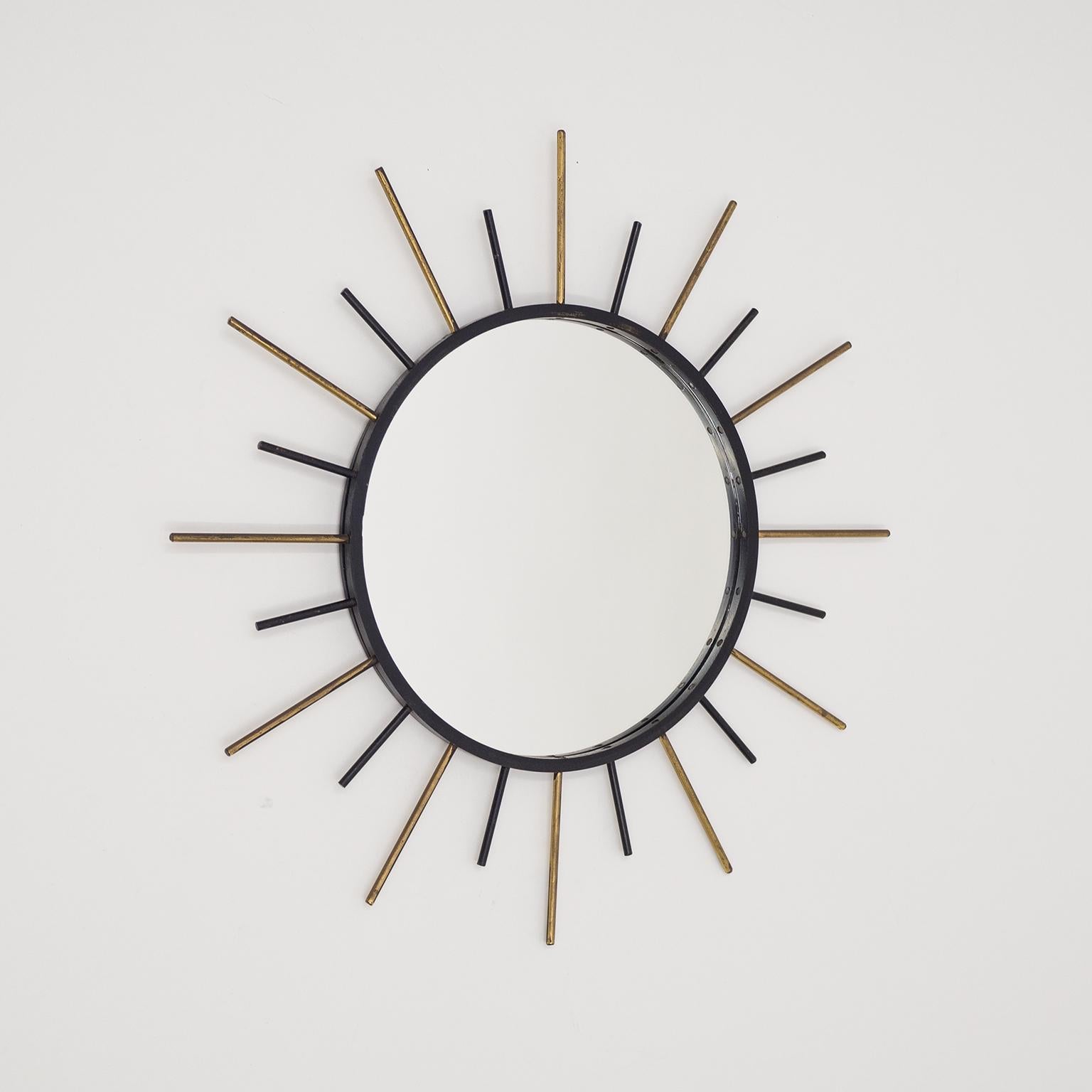 1950s French Sunburst Mirror, Brass and Blackened Steel For Sale 5