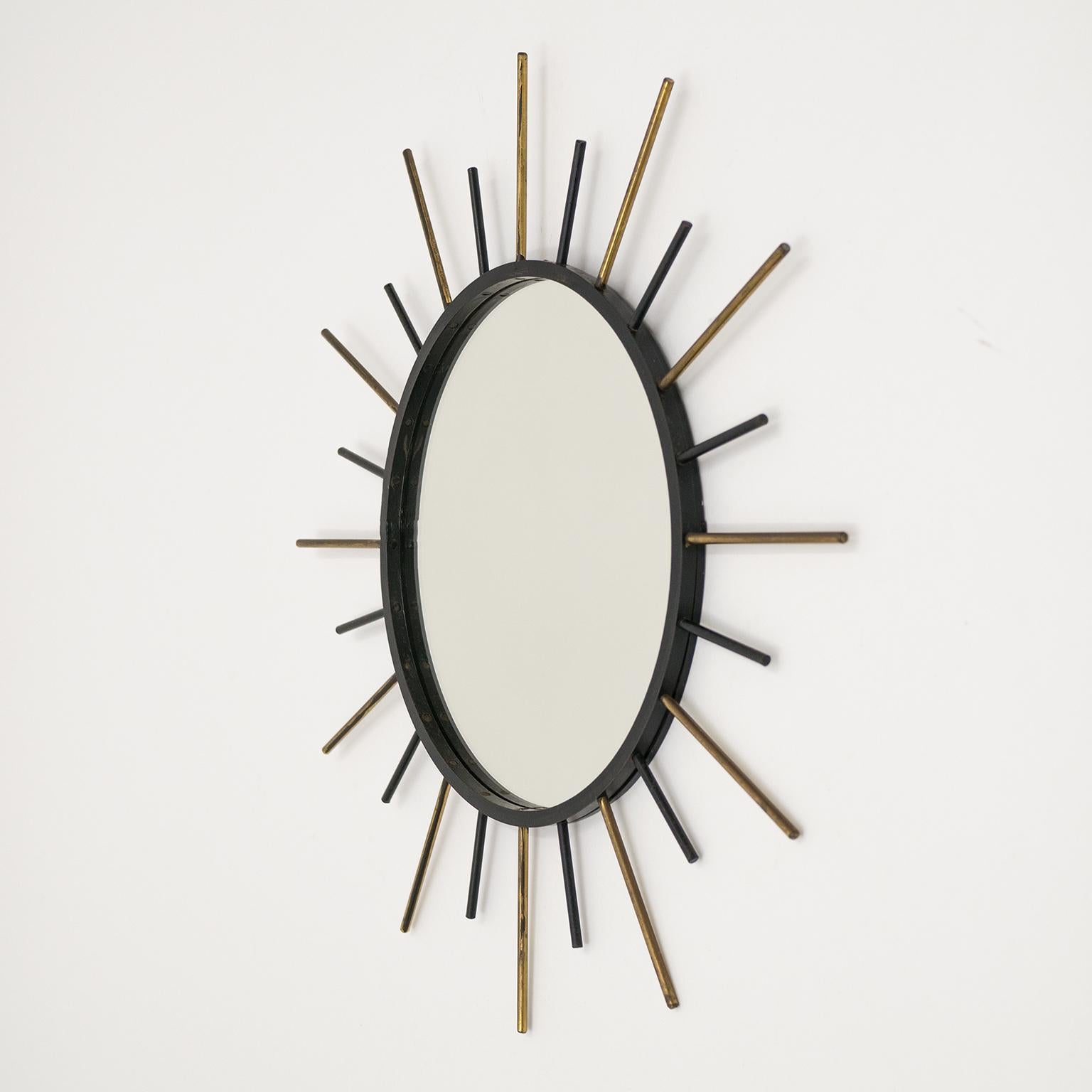 Mid-Century Modern 1950s French Sunburst Mirror, Brass and Blackened Steel For Sale