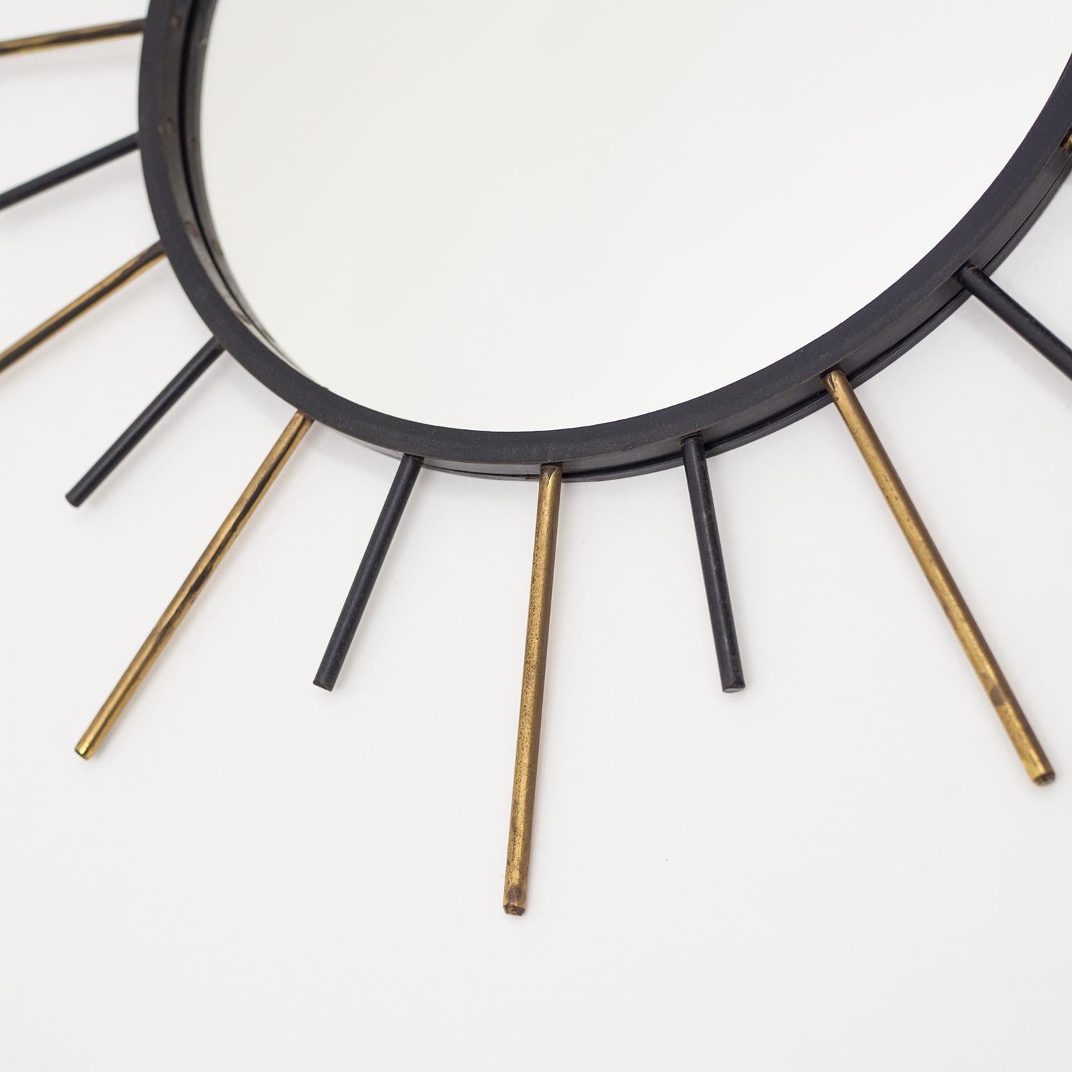 Lacquered 1950s French Sunburst Mirror, Brass and Blackened Steel For Sale