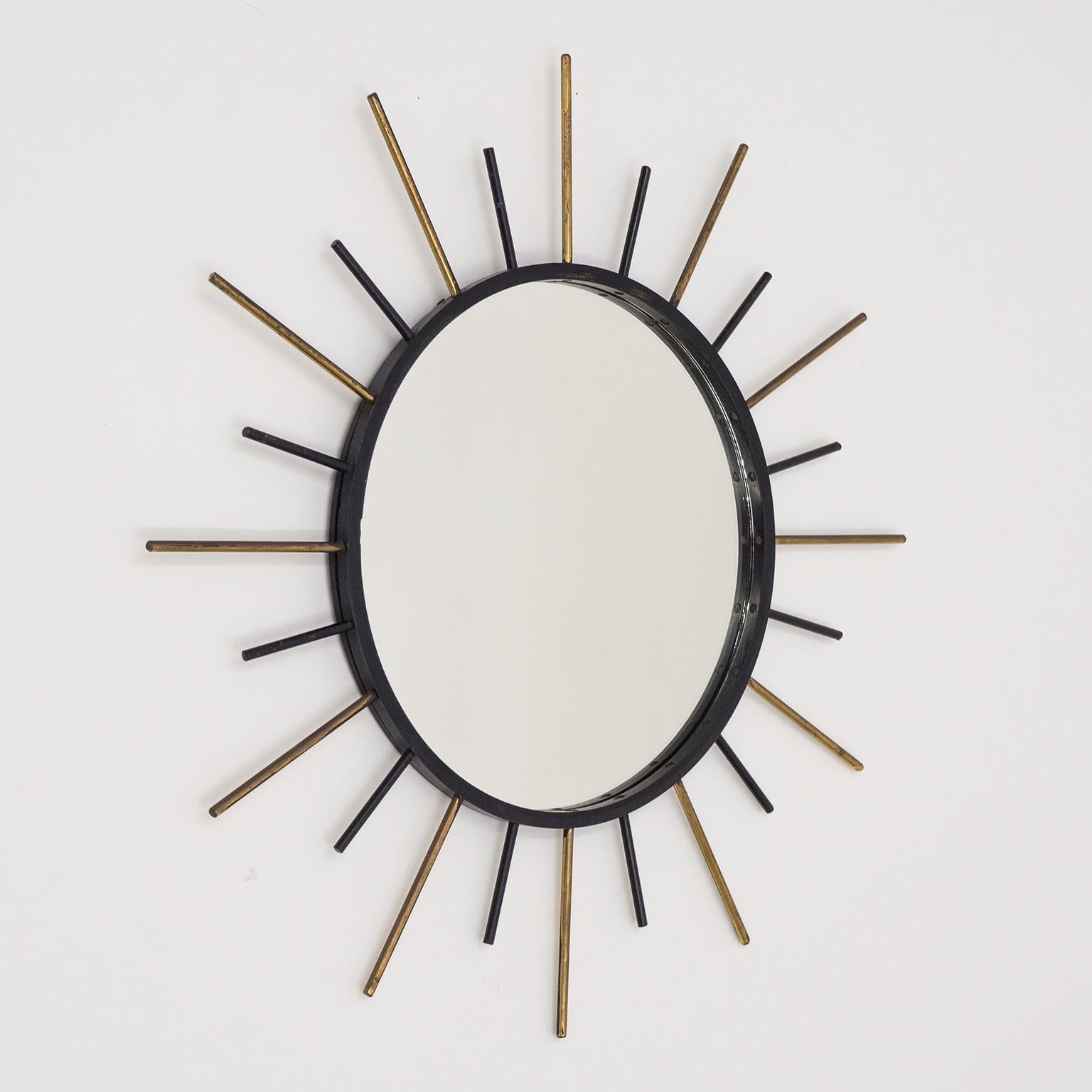 Mid-20th Century 1950s French Sunburst Mirror, Brass and Blackened Steel For Sale