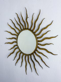 1950s French Sunburst Mirror in Gilt Iron, Oval Brutalist Design