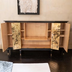1950s French Tall Ebonized Cabinet, Bar, TV Cabinet, Gilded Bamboo Decor