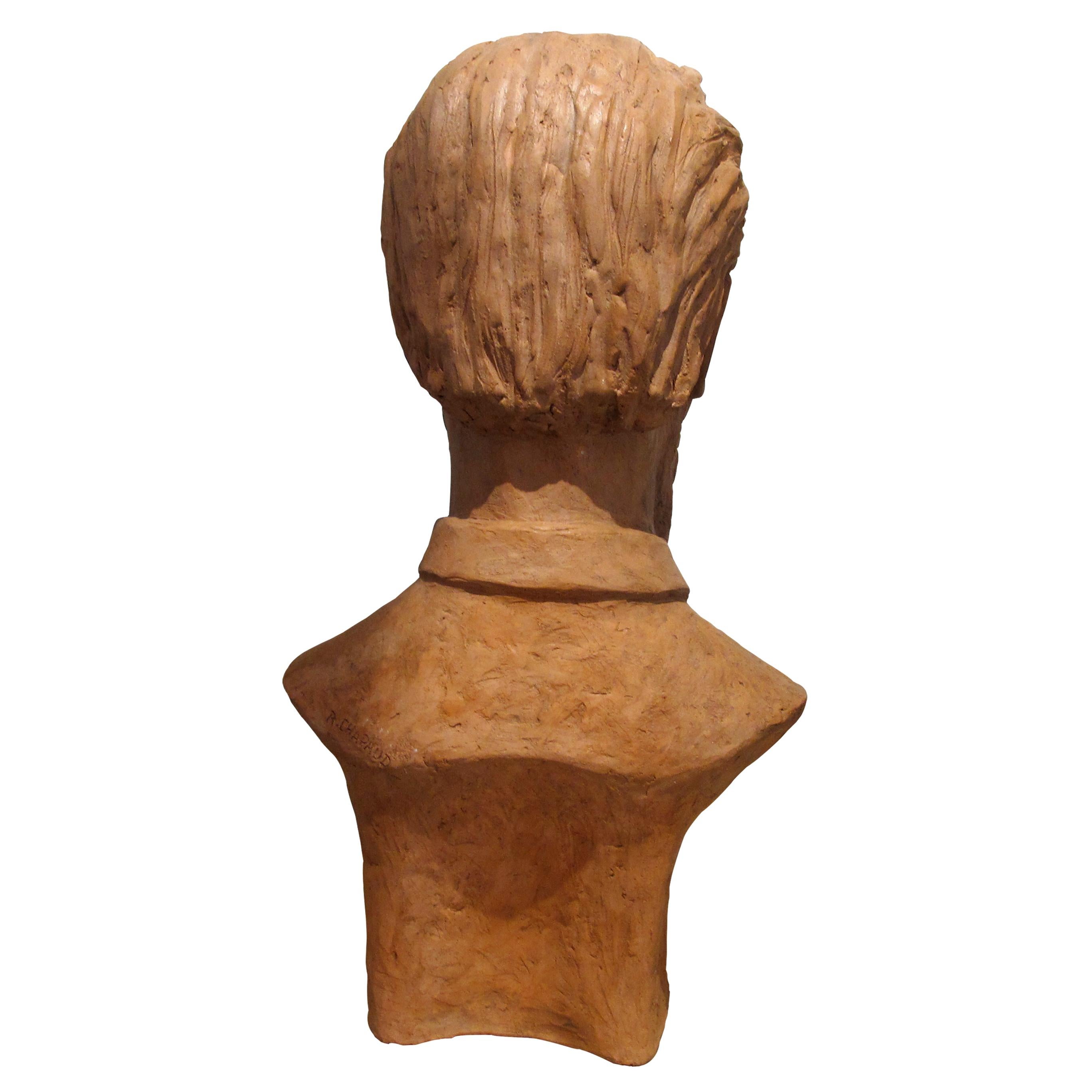 Unglazed 1950s French Terracotta Sculpture Bust Of A Chinese Man For Sale