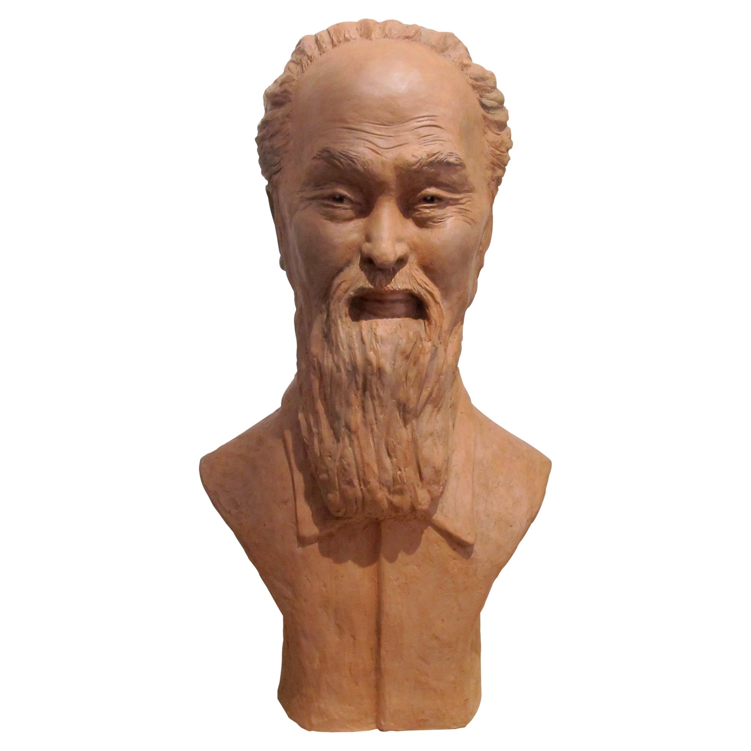 Sculpture en terre cuite française des années 1950 Buste d'un homme chinois