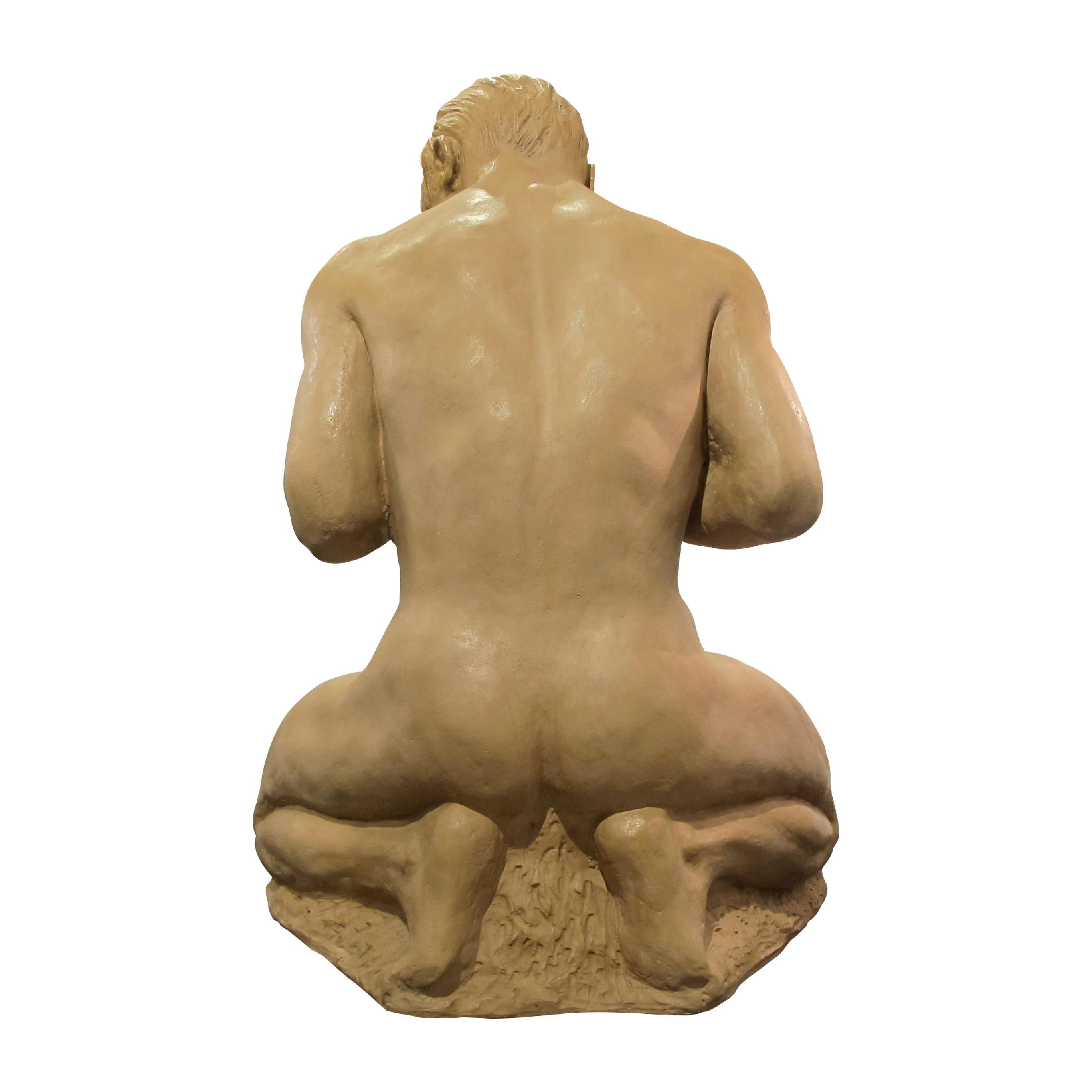 Mid-20th Century 1950s French Terracotta Sculpture Of A Man Kneeling For Sale
