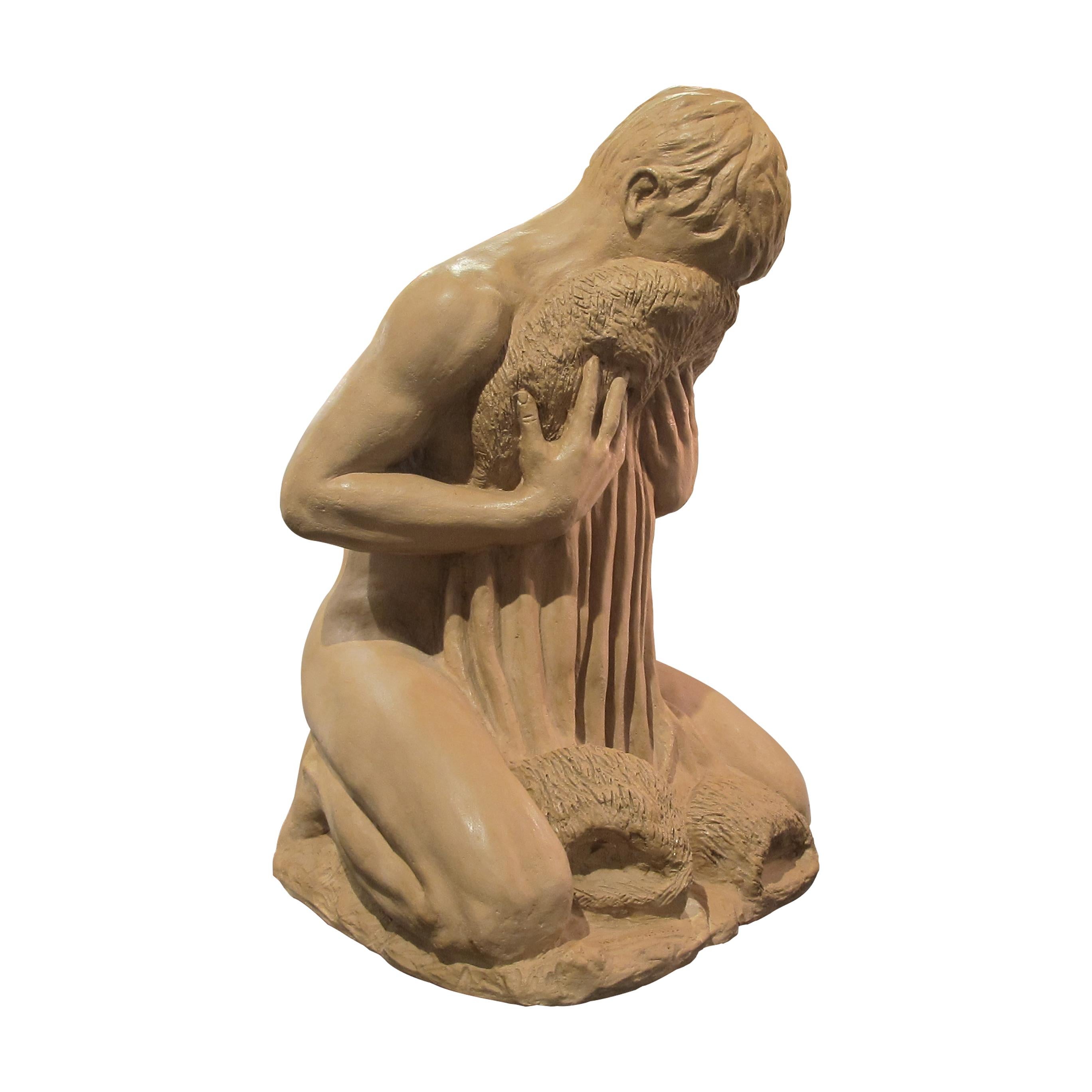 1950s French Terracotta Sculpture Of A Man Kneeling