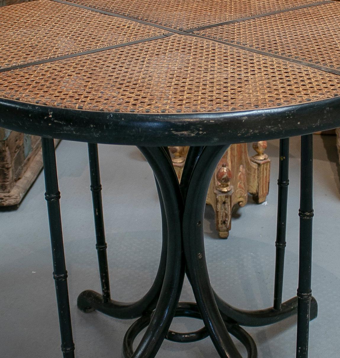 1950s French Thonet Style Wood and Woven Wicker Round Table For Sale 1