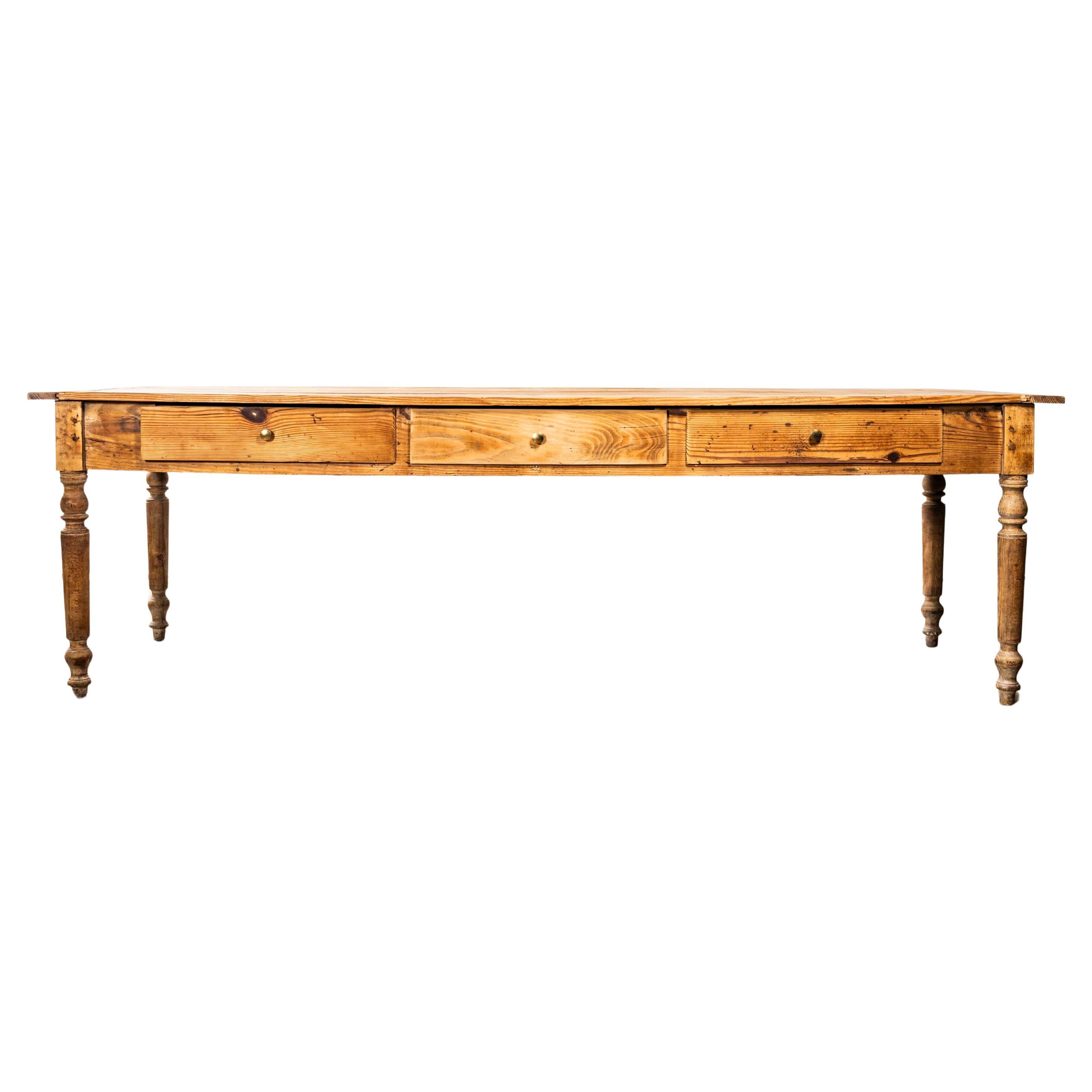 1950's French Three Drawer Large Farmhouse Rectangular Dining Table
