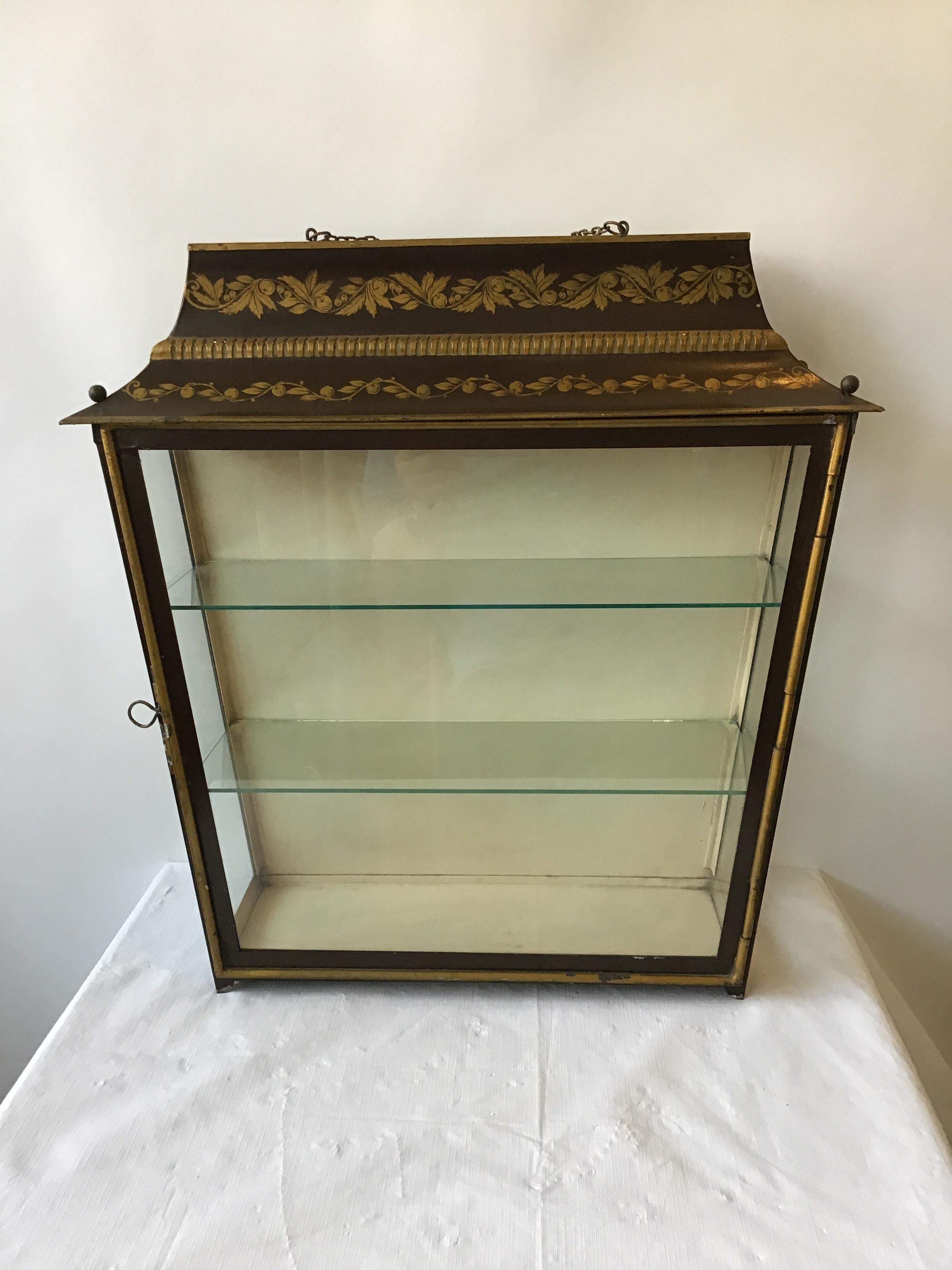 1950s French tole hanging display cabinet. Hand painted.