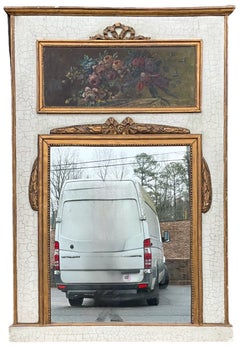 1950s French Trumeau Mirror W/ Floral Oil On Canvas Painting & Giltwood Accents